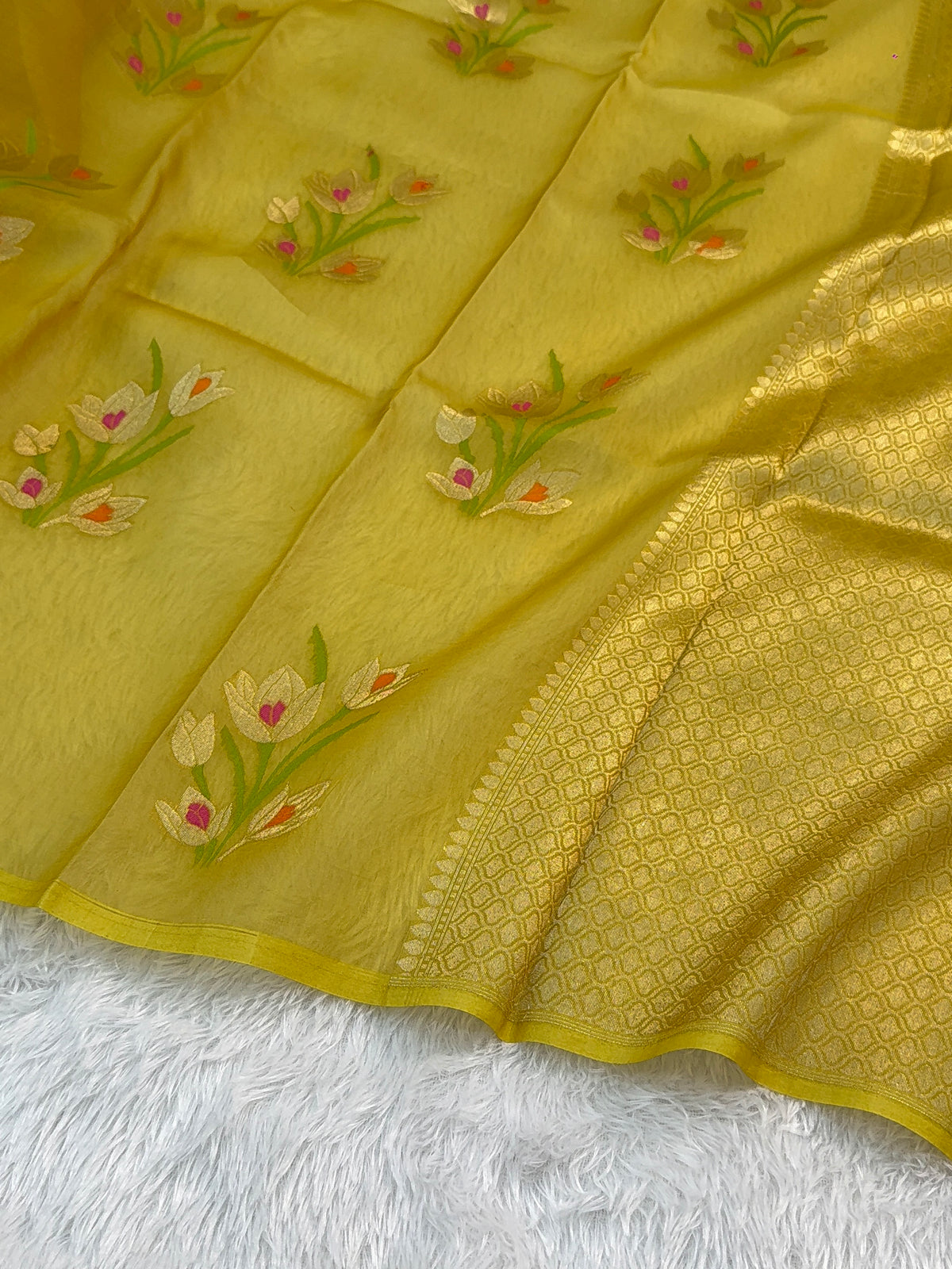 Pure Kora Silk Saree with Gold Zari and Meenakari Floral Motif Design in Yellow Colour
