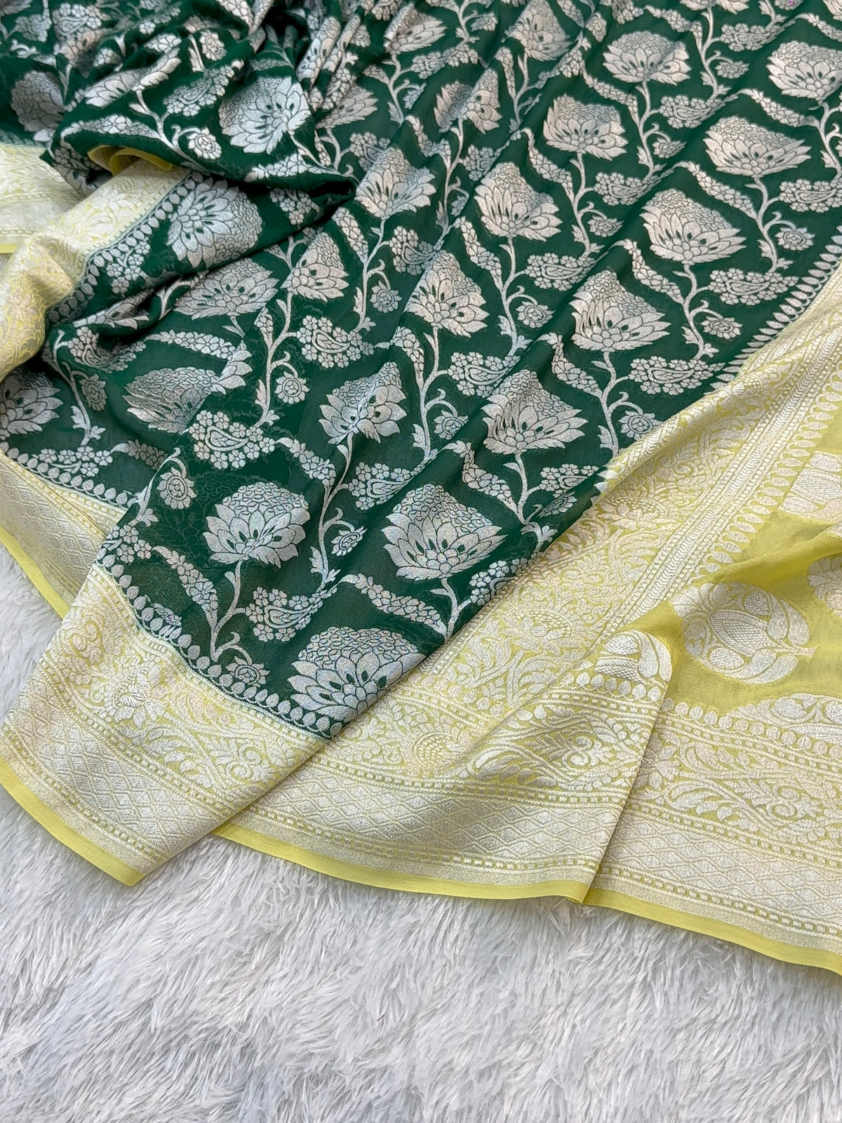 Banarasi Pure Khaddi Chiffon Saree  with Silver Zari Work In Floral Jaal Design in Dark Green and Light Lemon Colour Combination