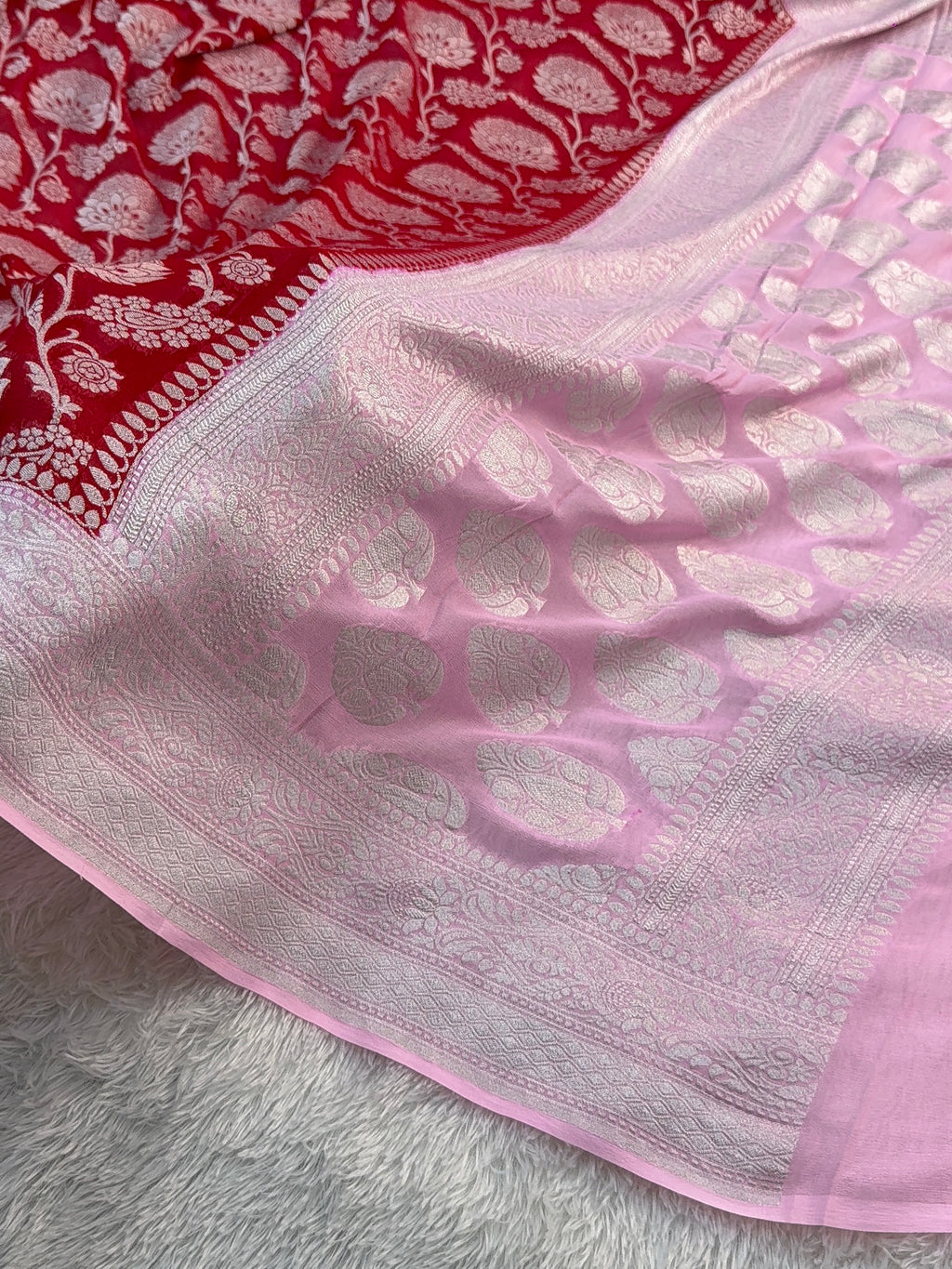 Banarasi Pure Khaddi Chiffon Saree  with Silver Zari Work In Floral Jaal Design in Red and Light Pink Colour Combination