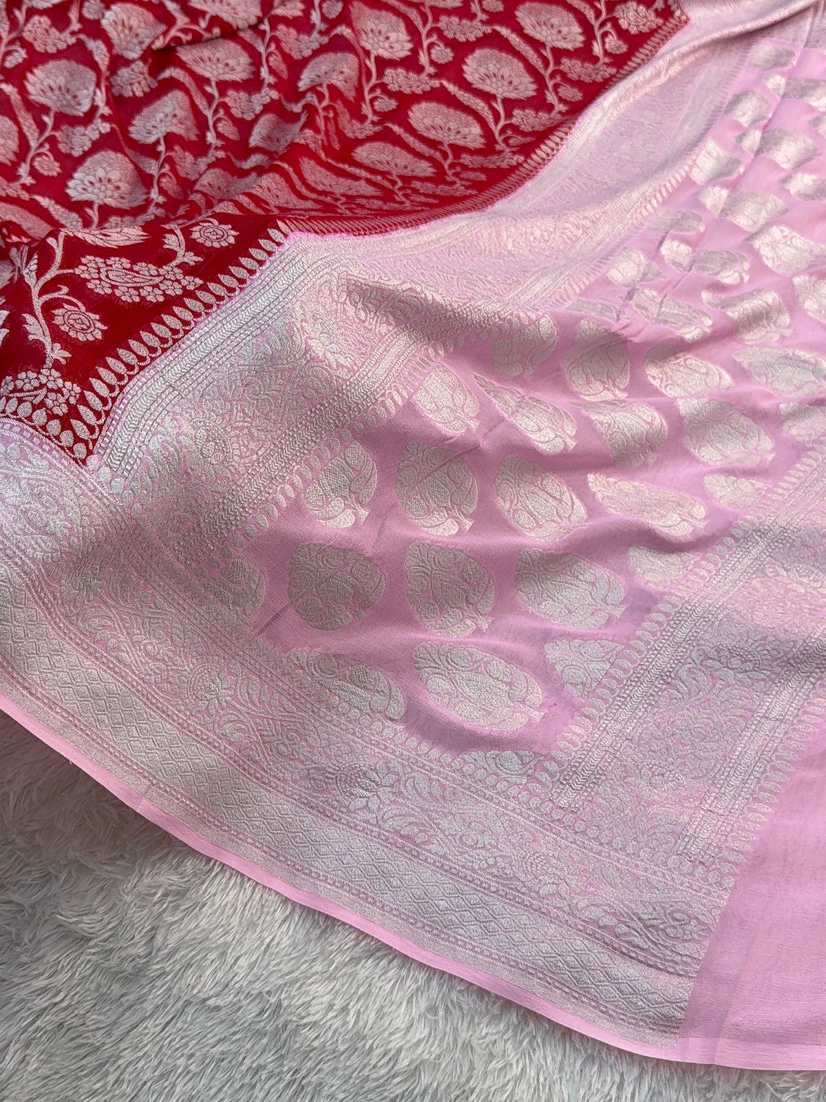 Banarasi Pure Khaddi Chiffon Saree  with Silver Zari Work In Floral Jaal Design in Red and Light Pink Colour Combination