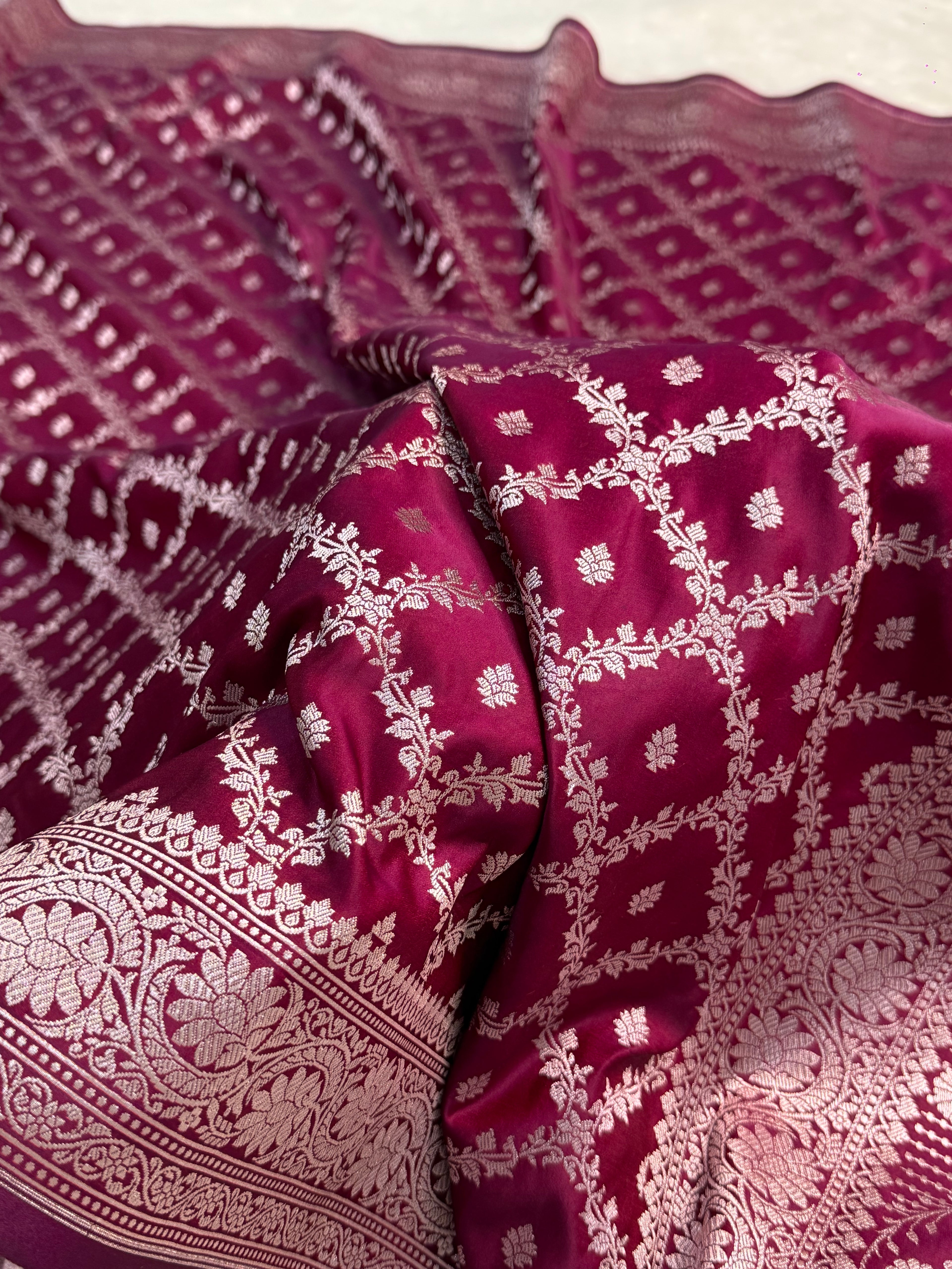 Banarasi mashru silk saree in chokdi design in Wine colour