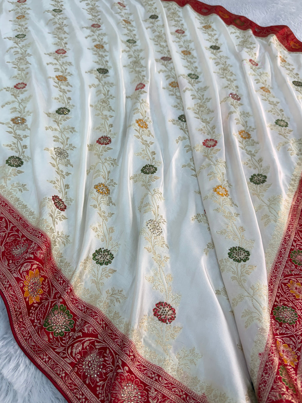 Bridal Mashru Silk Saree With Jaal Design In off white and red Colour