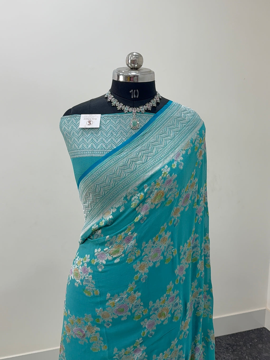 Banarasi Pure Khaddi Chiffon Saree  with Silver Zari Work In Floral Jaal Design with Meenakari by handbrush in Sea Green Colour