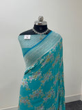 Banarasi Pure Khaddi Chiffon Saree  with Silver Zari Work In Floral Jaal Design with Meenakari by handbrush in Sea Green Colour