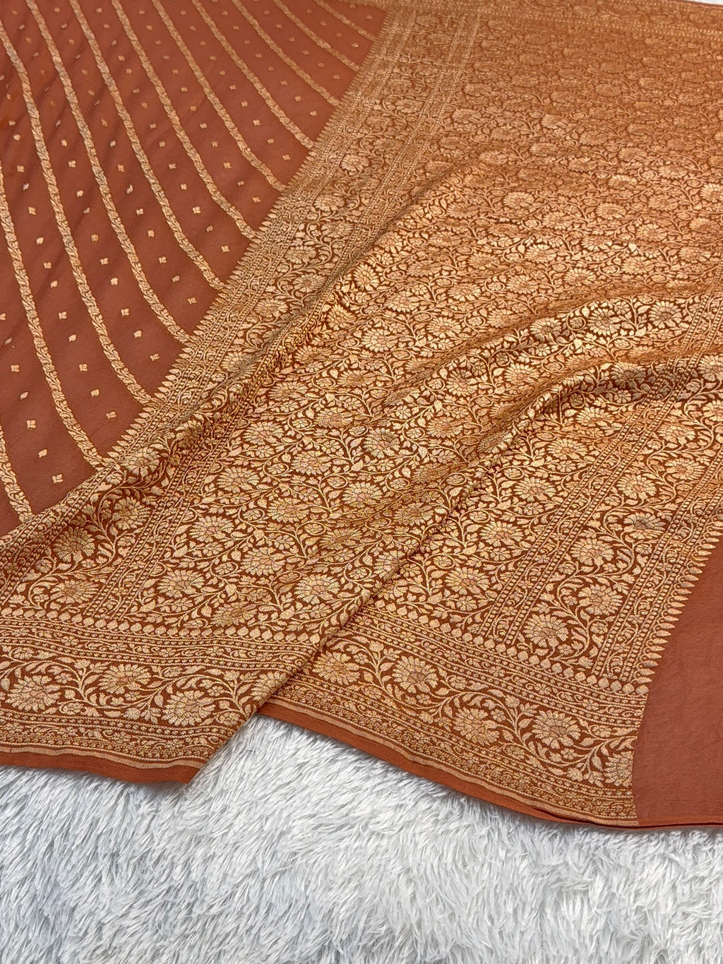 Banarasi Pure Khaddi Chiffon Saree in Aada Design in Copper Brown Colour