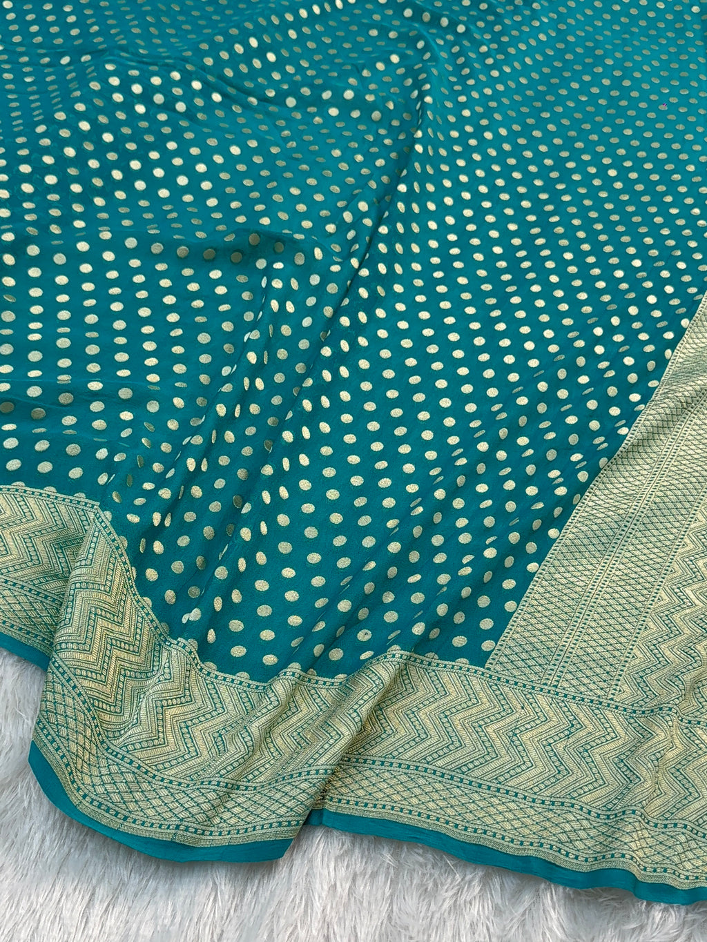 Banarasi Pure Khaddi Chiffon Saree  with Light Gold Zari Work with dot-dot Motifs Pattern Design in Sea Green Colour