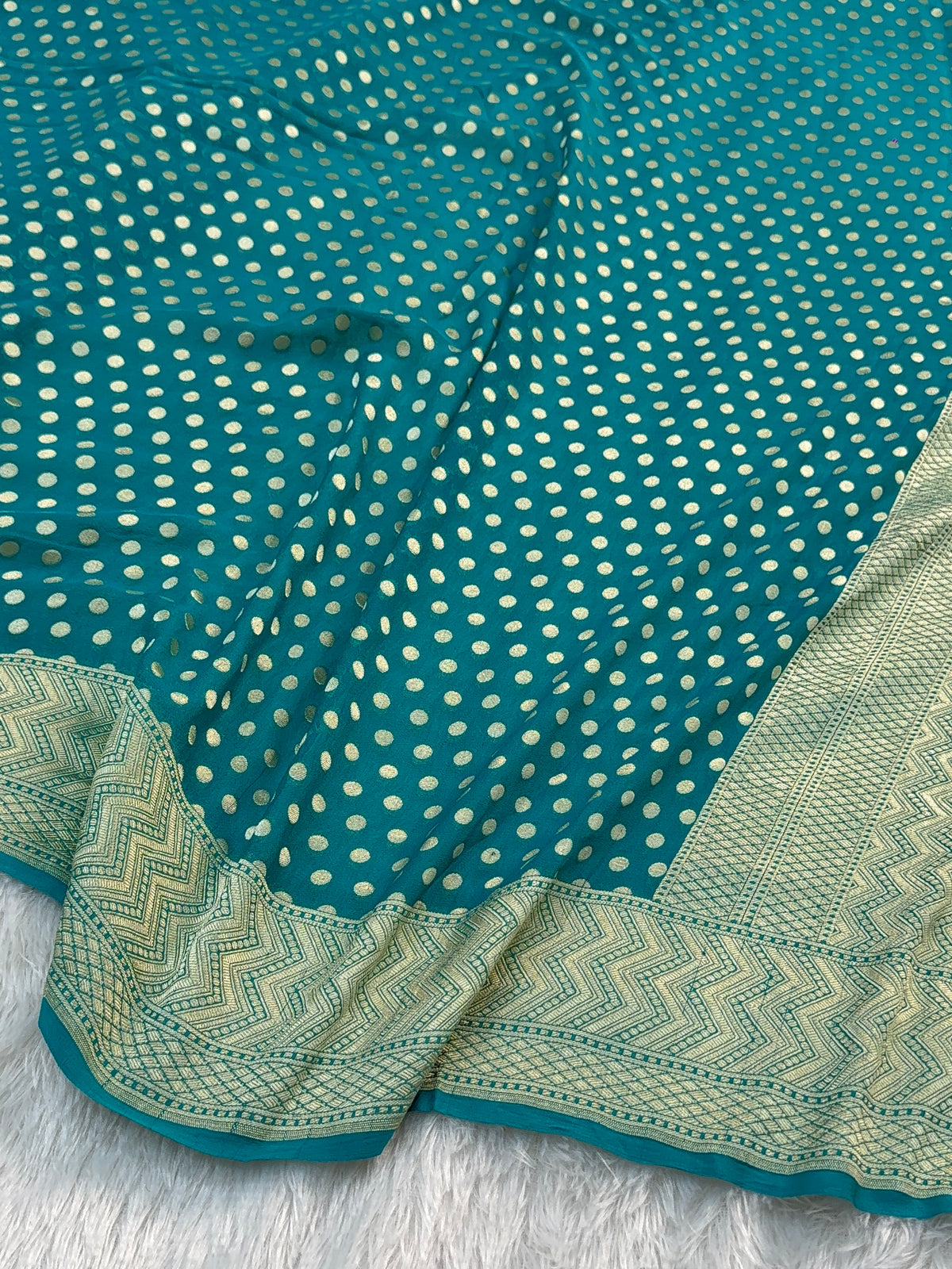 Banarasi Pure Khaddi Chiffon Saree  with Light Gold Zari Work with dot-dot Motifs Pattern Design in Sea Green Colour