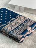 Banarasi Mashru Silk Saree In Royal Blue Color with Laharya Border Design