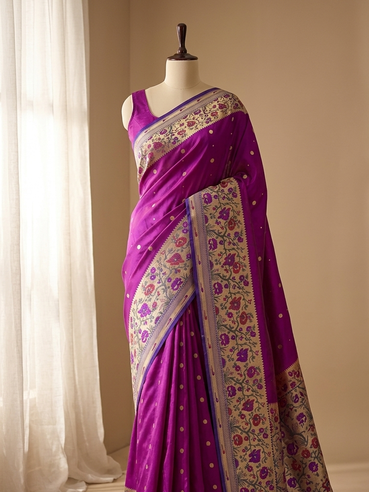 Banarasi pure katan silk saree with Paithnai meenakari jaal design in Majenta colour