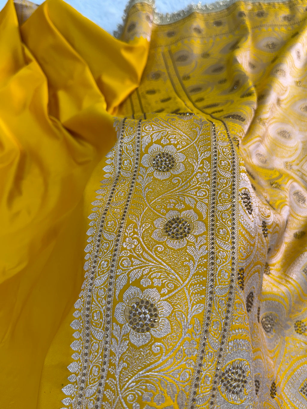 Bridal Banarasi Mashru Silk Saree with Stone Work In Border And Pallu, In Yellow Color