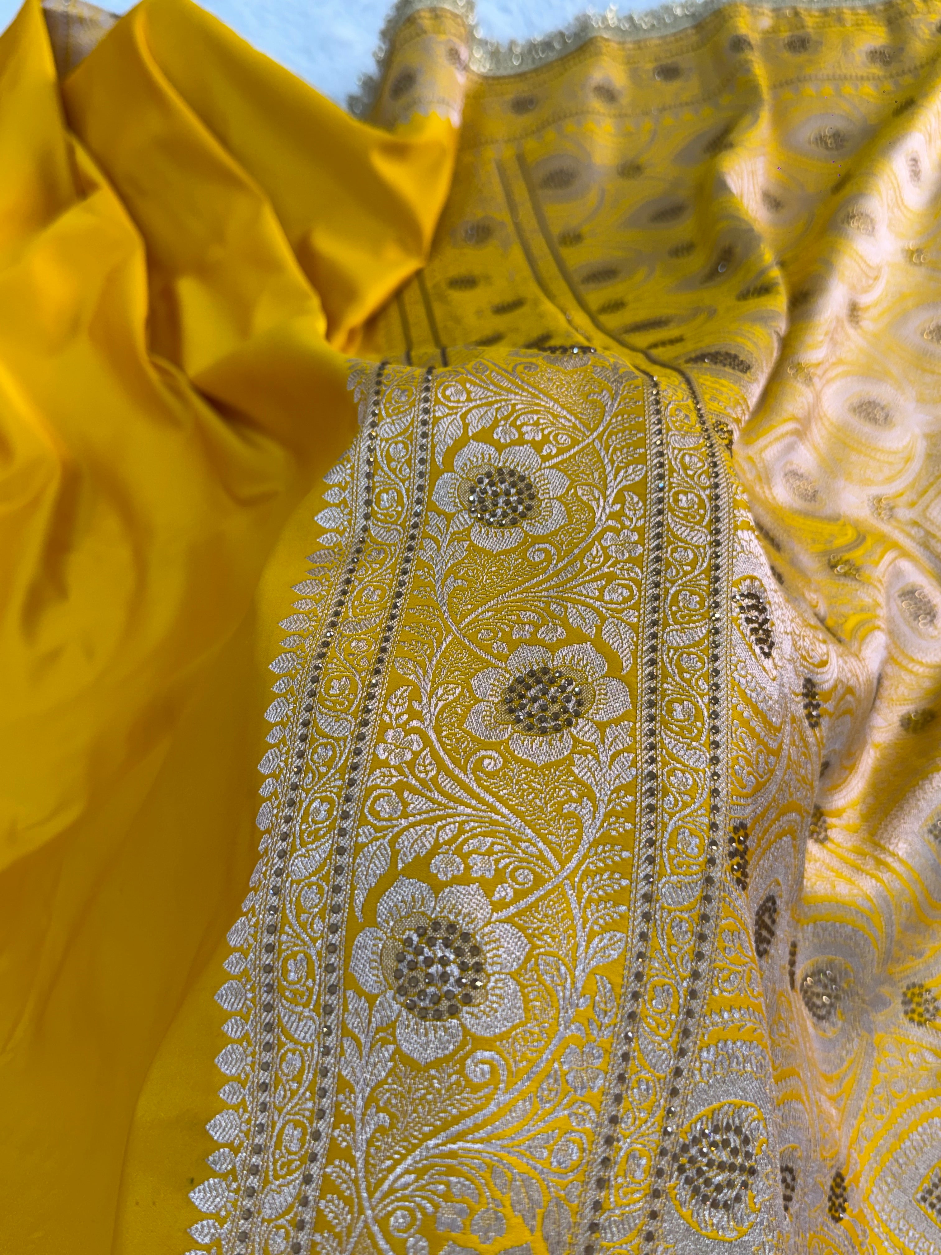 Bridal Banarasi Mashru Silk Saree with Stone Work In Border And Pallu, In Yellow Color