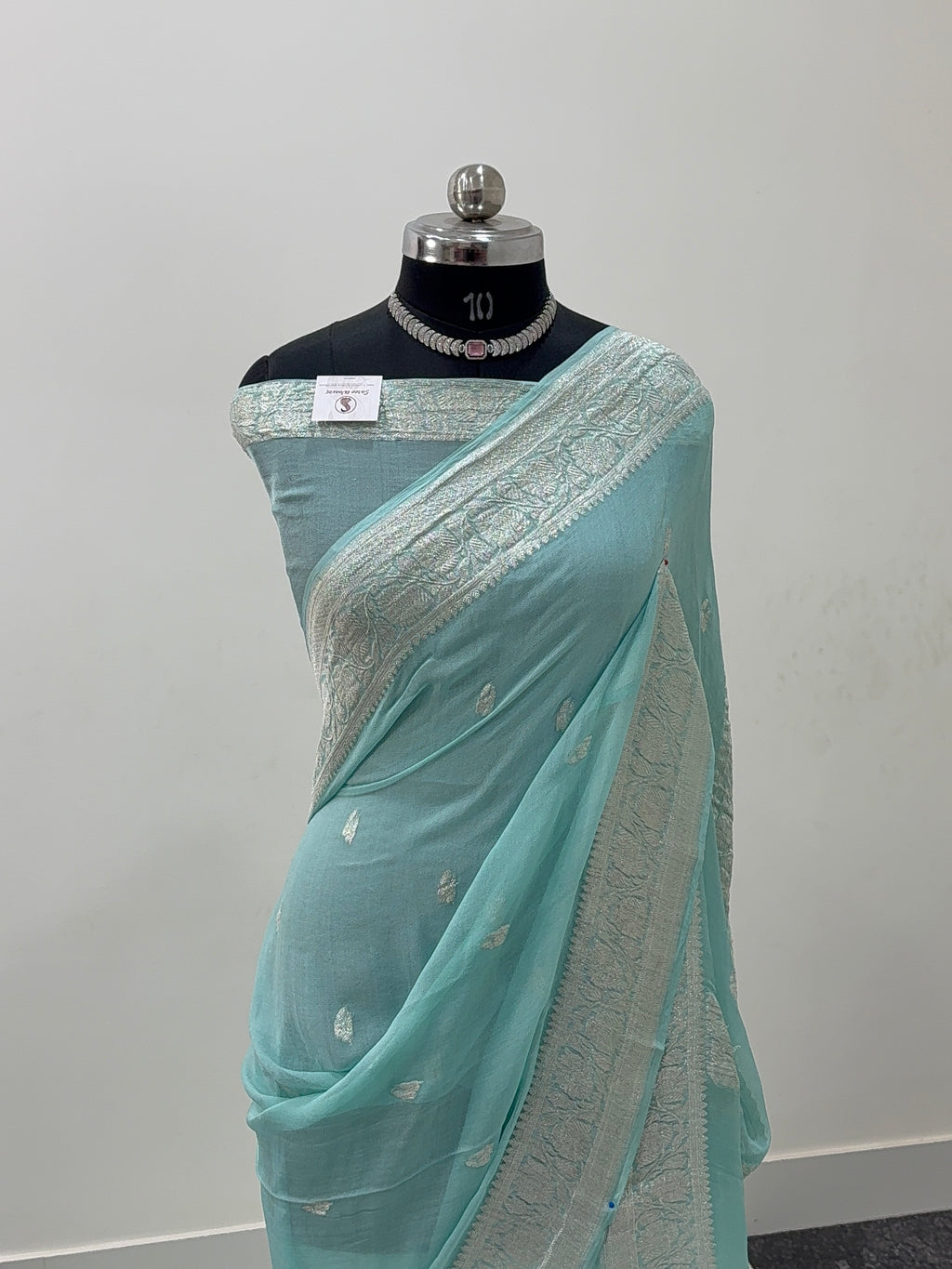 Banarasi Pure Khaddi Chiffon Saree  in Silver Zari with Small Interlocked Motifs Design in Powder Blue Colour