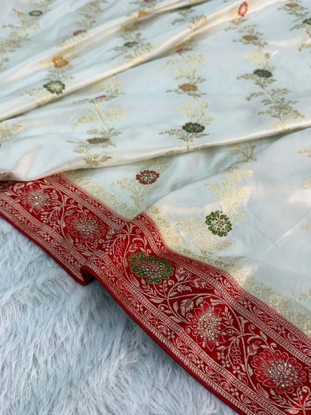 Bridal Mashru Silk Saree With Jaal Design In off white and red Colour