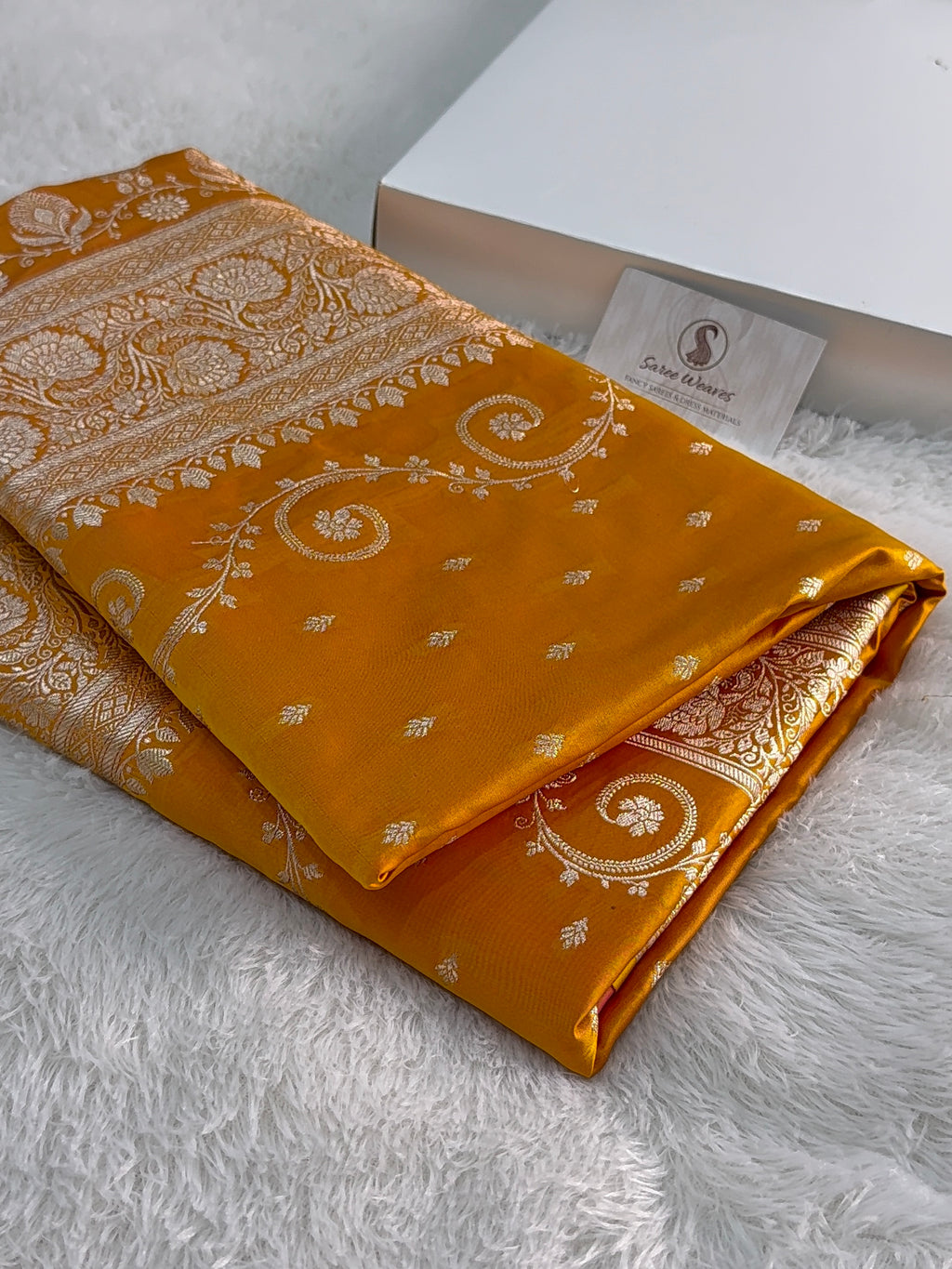 Banarasi Mashru Silk Saree Intricate Buti Design in Dual tone Mustard and Orange Colour