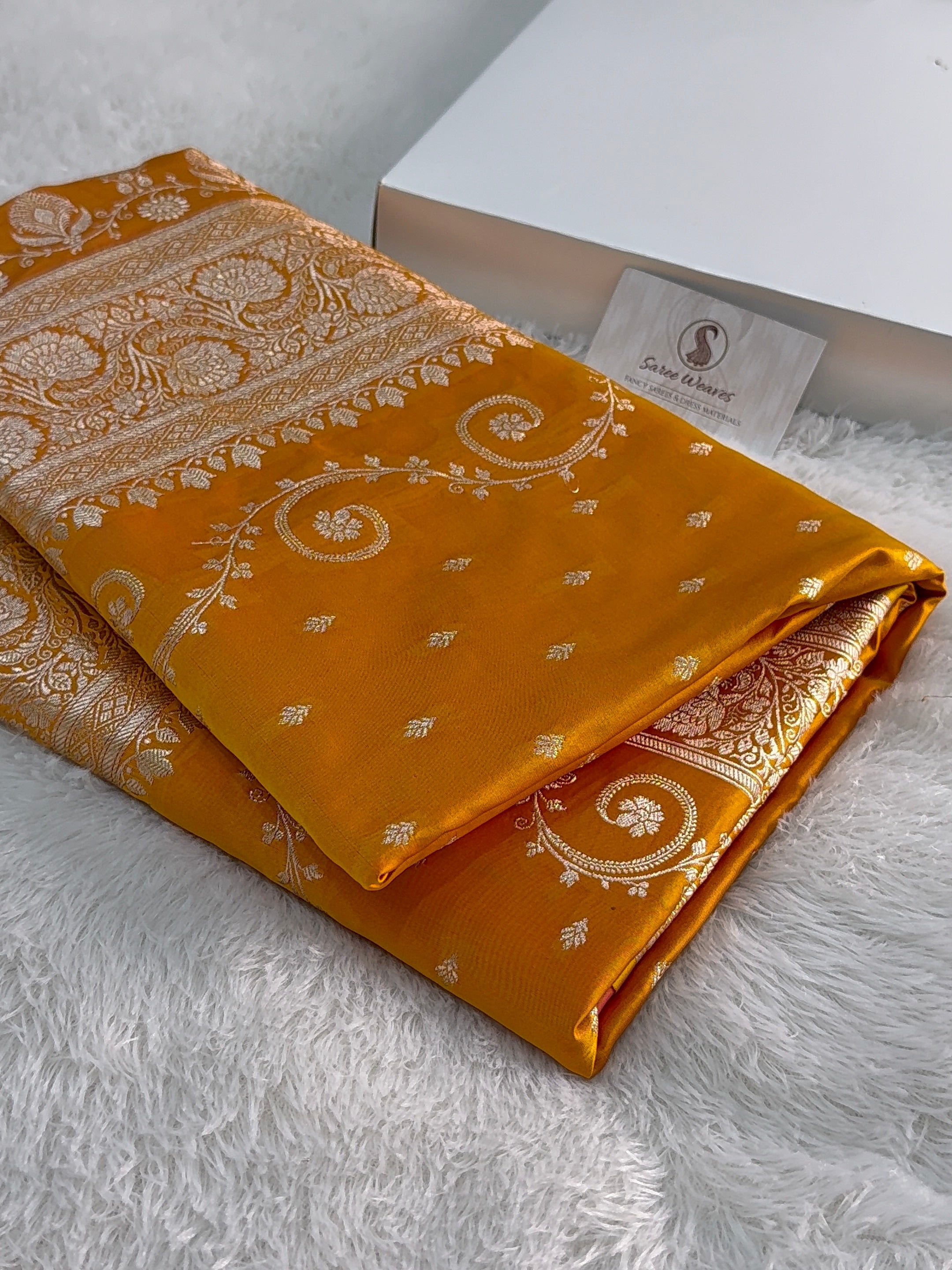 Banarasi Mashru Silk Saree Intricate Buti Design in Dual tone Mustard and Orange Colour