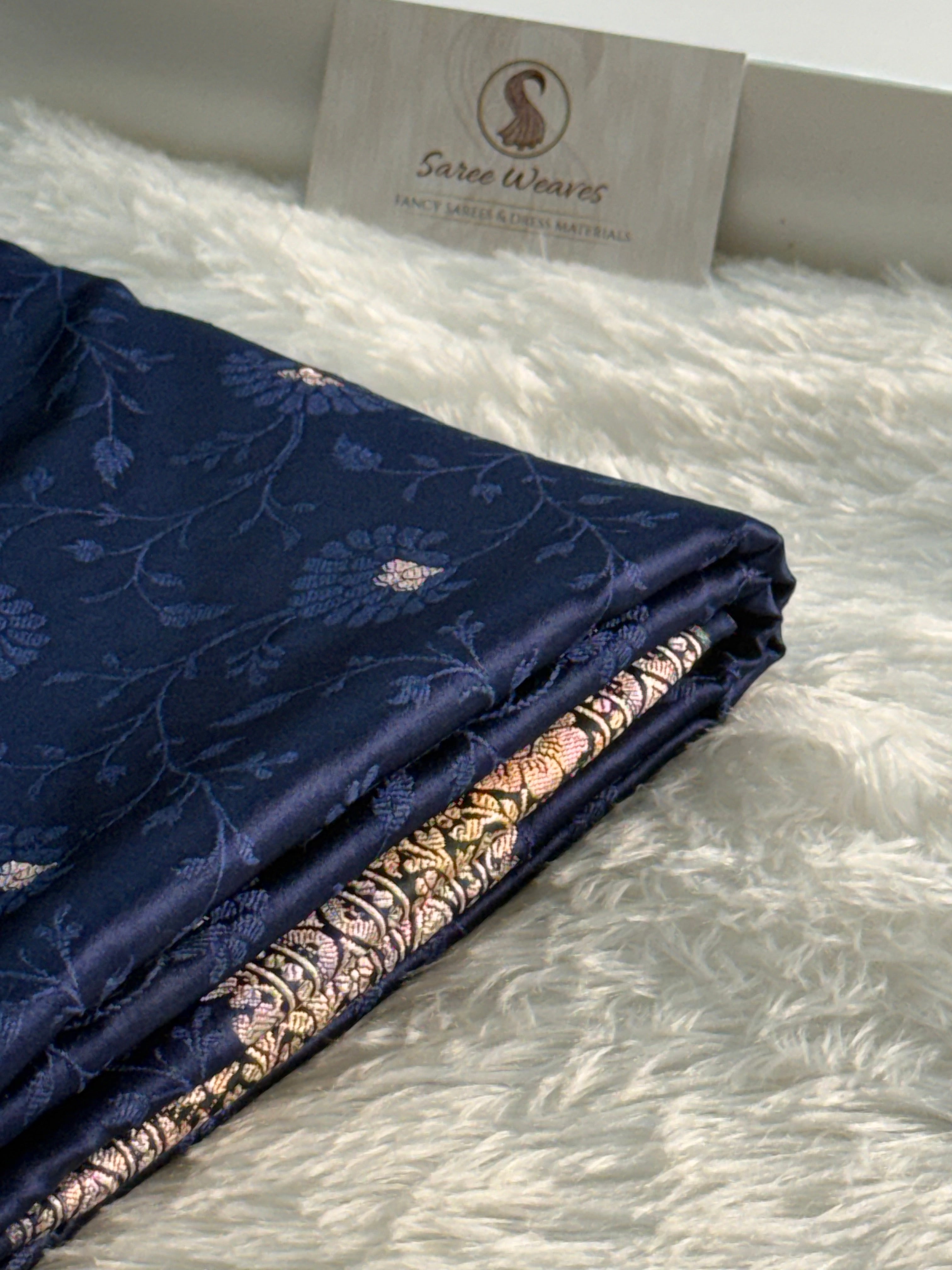 Banarasi Mashru Silk Saree with Tanchoi Jaal Weaving in Navy Colour with Hand brush paint in Border