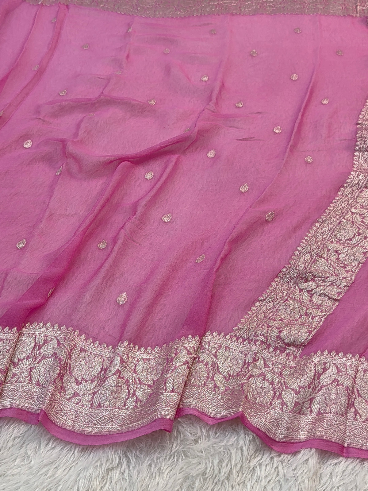 Banarasi Pure Khaddi Chiffon Saree  in Silver Zari with Small Interlocked Motifs Design in Pink Colour