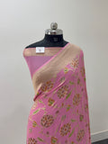 Banarasi Pure Khaddi Chiffon Saree  with Light Gold Zari Work In Floral Jaal Design with Meenakari by handbrush in Light Pink Colour