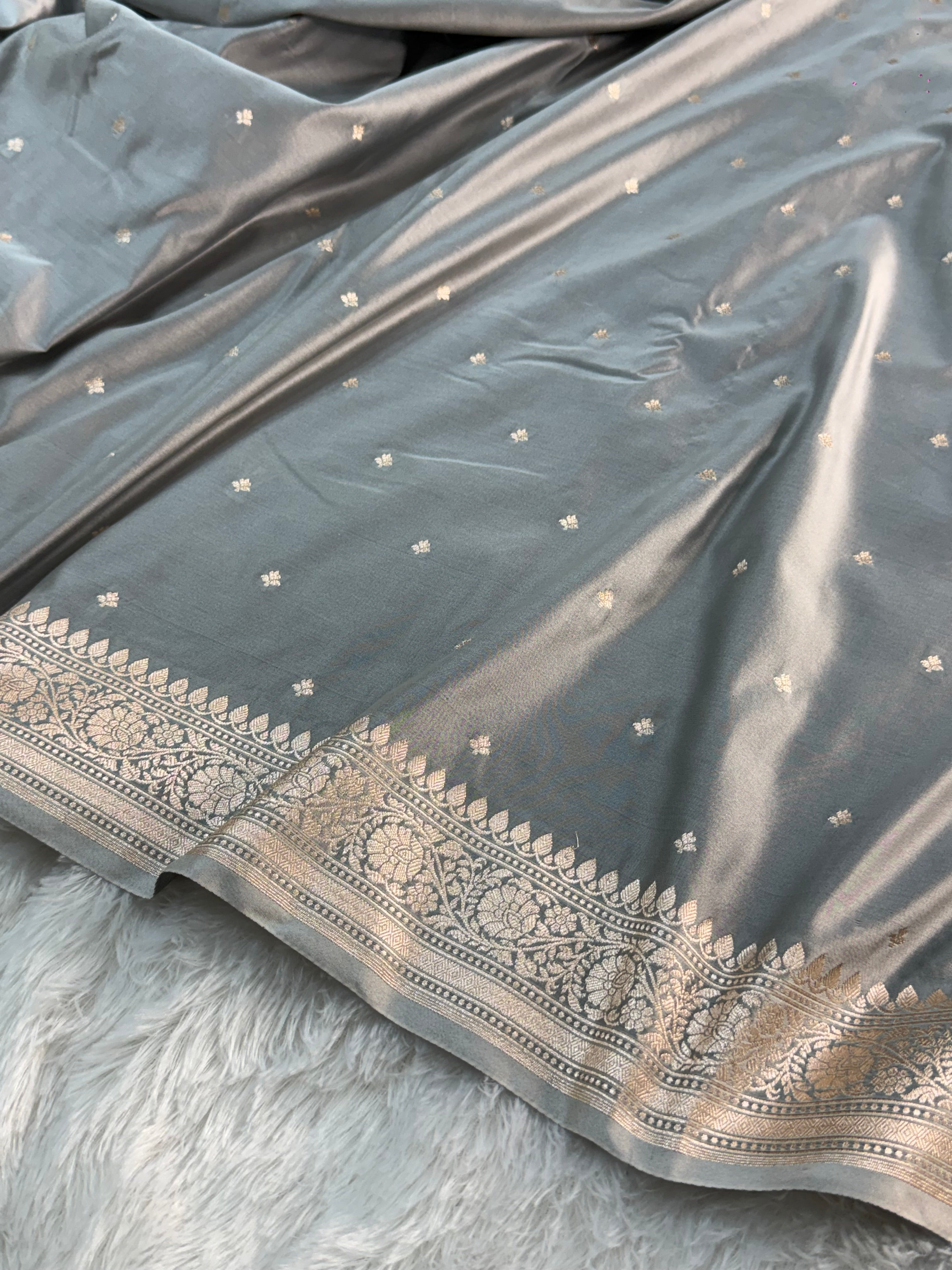 Banarasi Mashru Silk Saree Intricate Buti Design in Light Grey Colour
