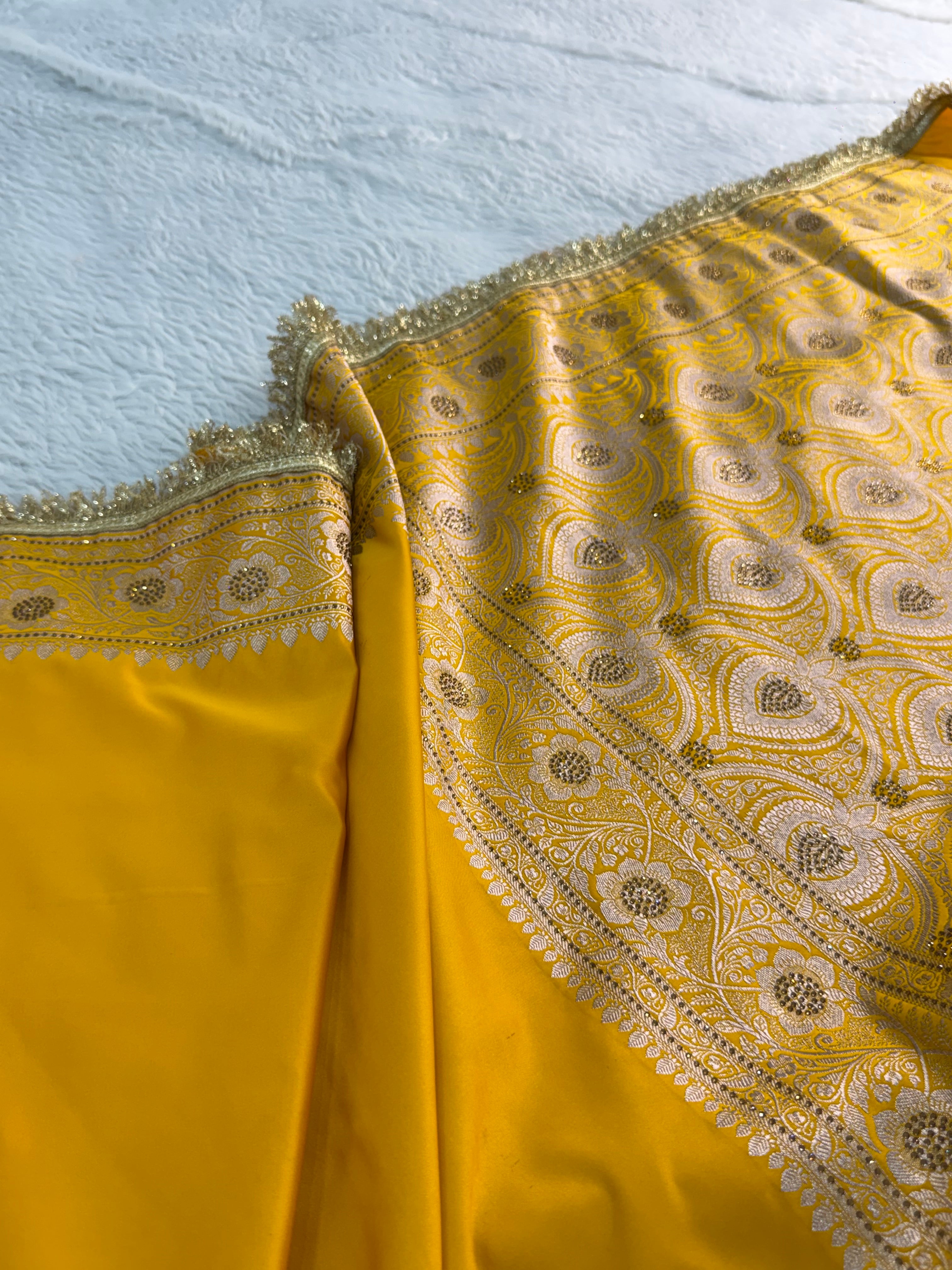 Bridal Banarasi Mashru Silk Saree with Stone Work In Border And Pallu, In Yellow Color