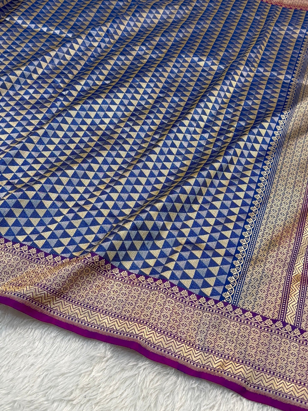 Handwoven Pure Katan Silk Saree With Silver and Gold Zari Brocade Weaving In Temple Jaal Design Pattern In Combination Of Light Blue And Navy Shade