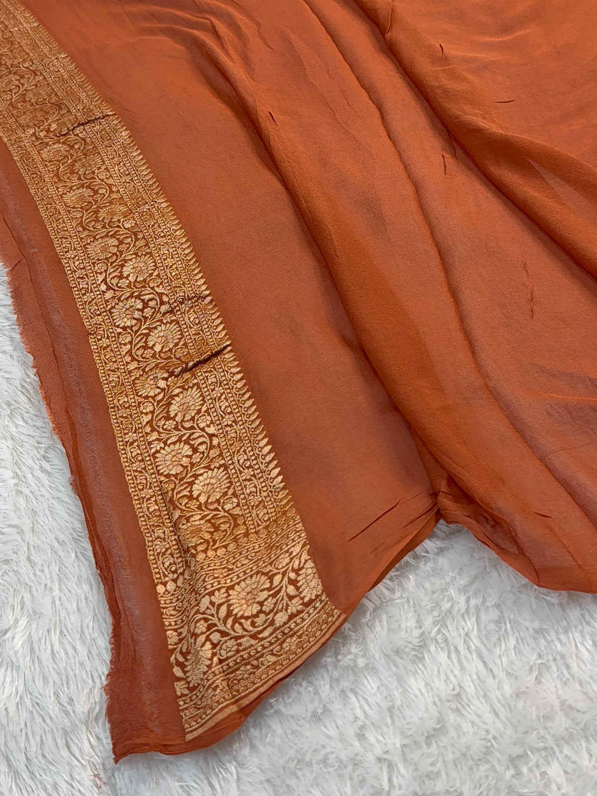 Banarasi Pure Khaddi Chiffon Saree in Aada Design in Copper Brown Colour
