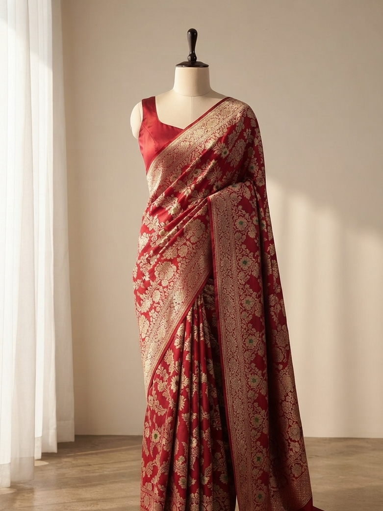 Banarasi pure katan silk saree with meenakari jaal design in Deep Maroon color