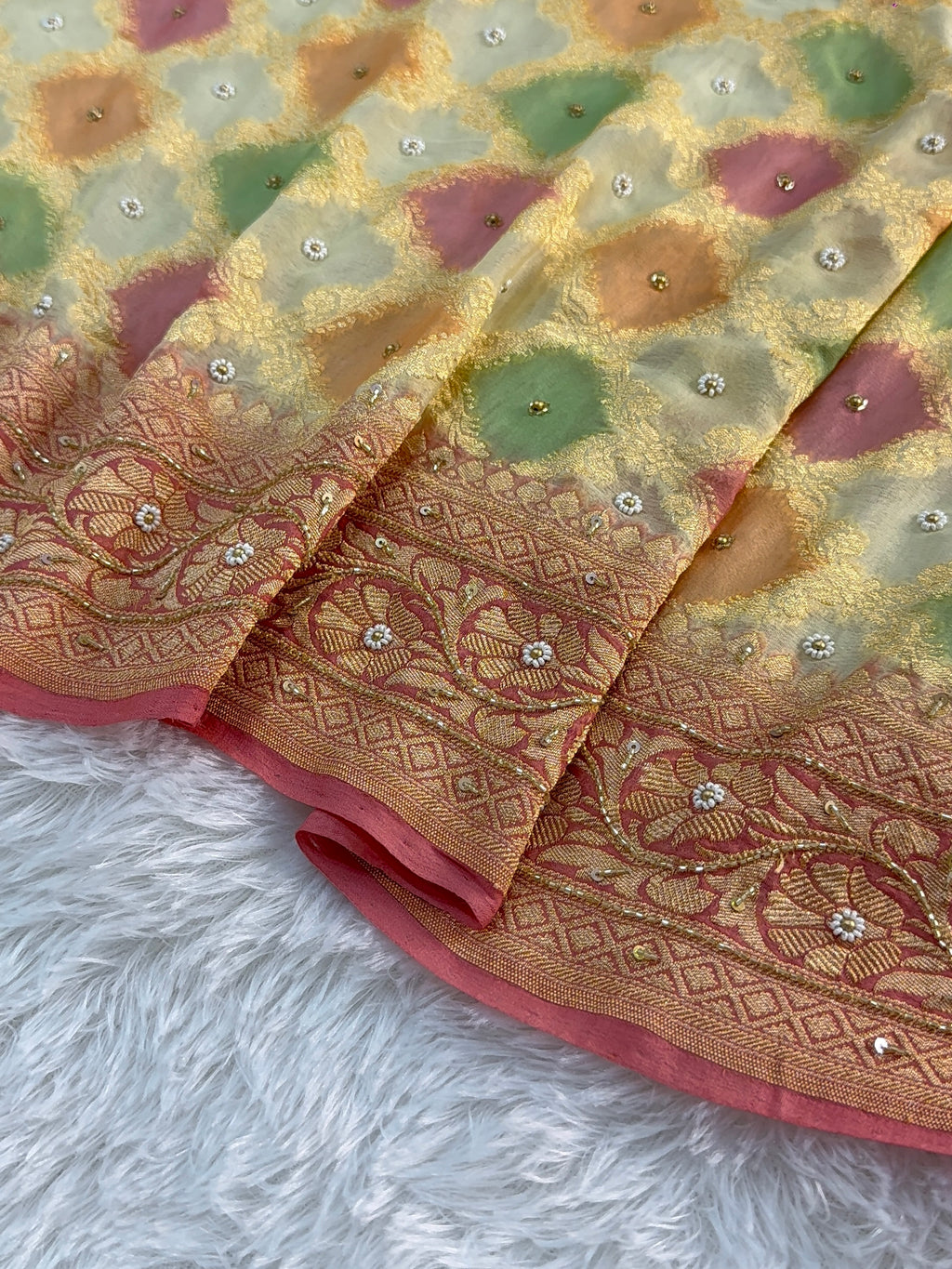 Banarasi Pure Khaddi Shiffon Rangkat Saree with Zardozi Handwork all over in Lavender Colour