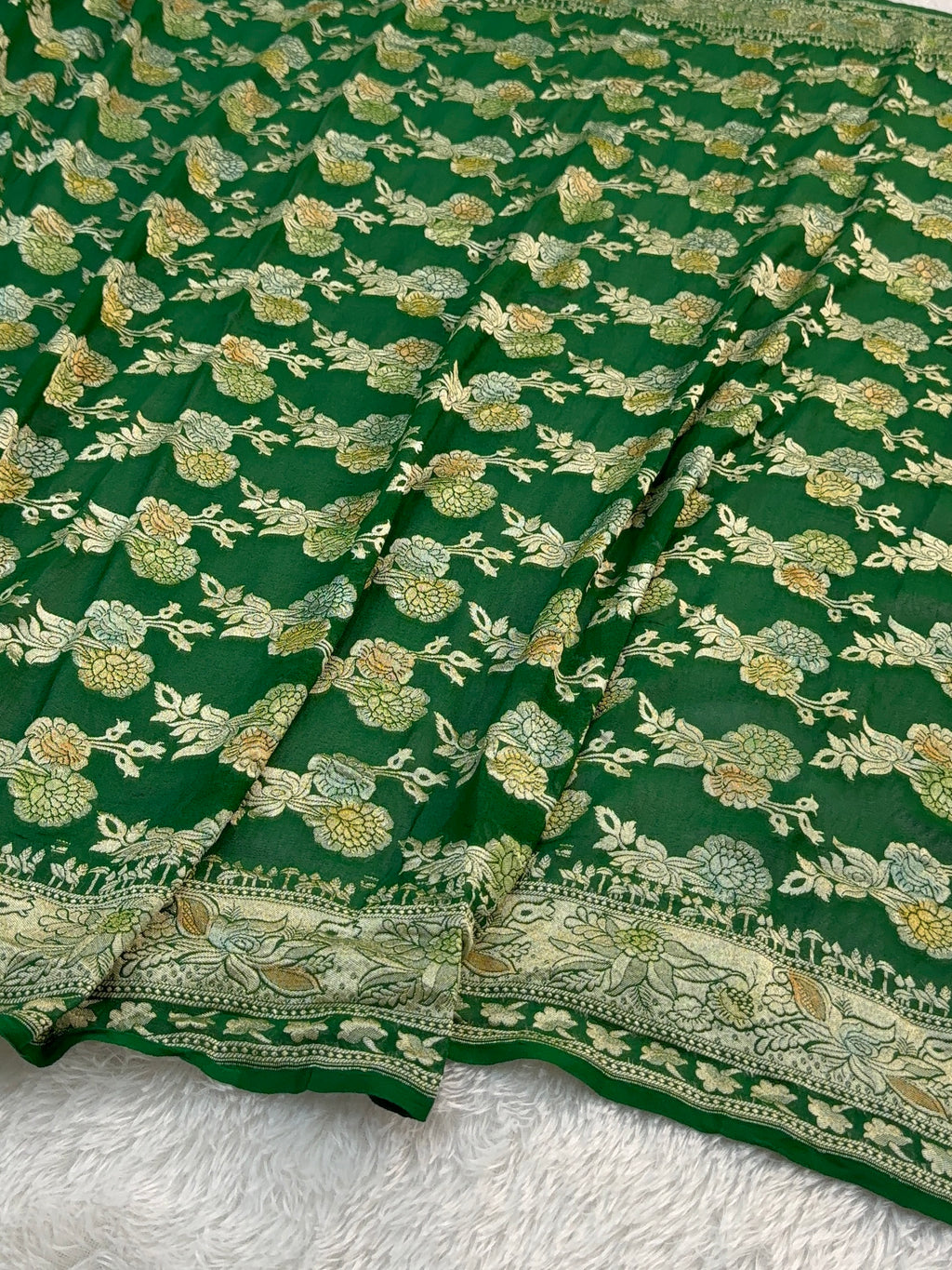 Banarasi Pure Khaddi Chiffon Saree  with Light Gold Zari Work In Floral Jaal Design with Meenakari by Handbrush in Dark Green Colour