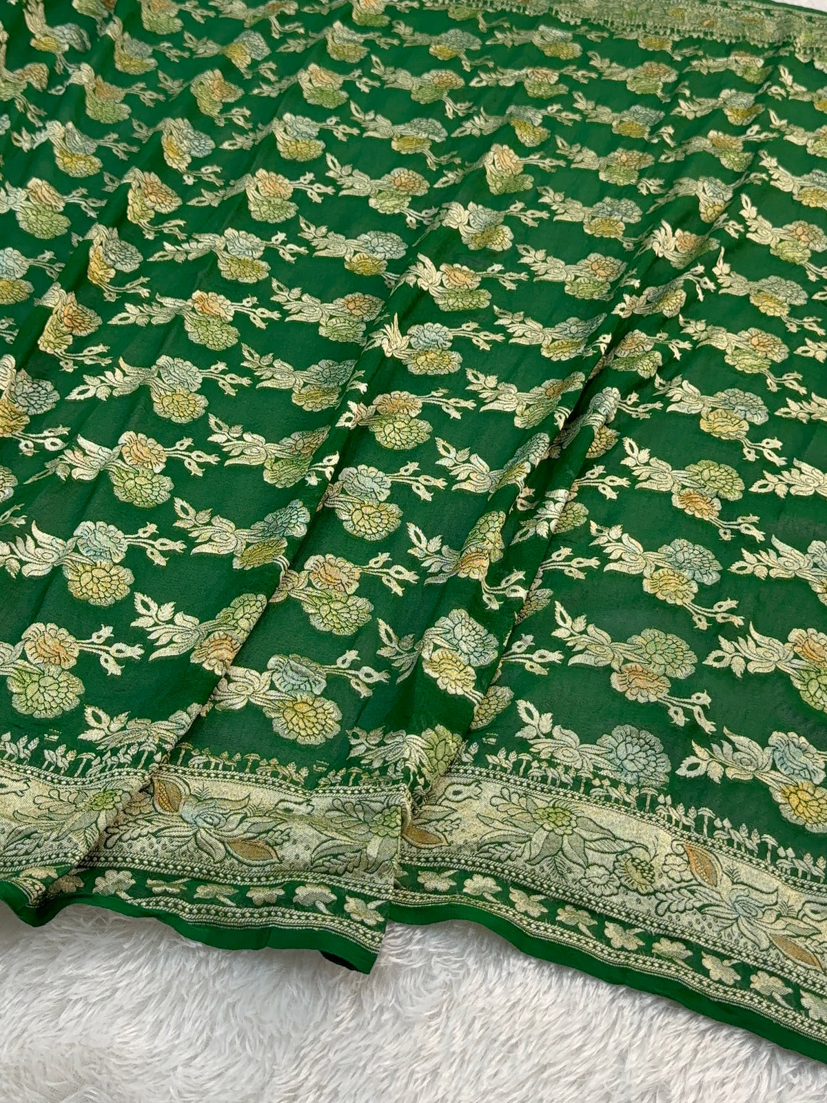 Banarasi Pure Khaddi Chiffon Saree  with Light Gold Zari Work In Floral Jaal Design with Meenakari by Handbrush in Dark Green Colour