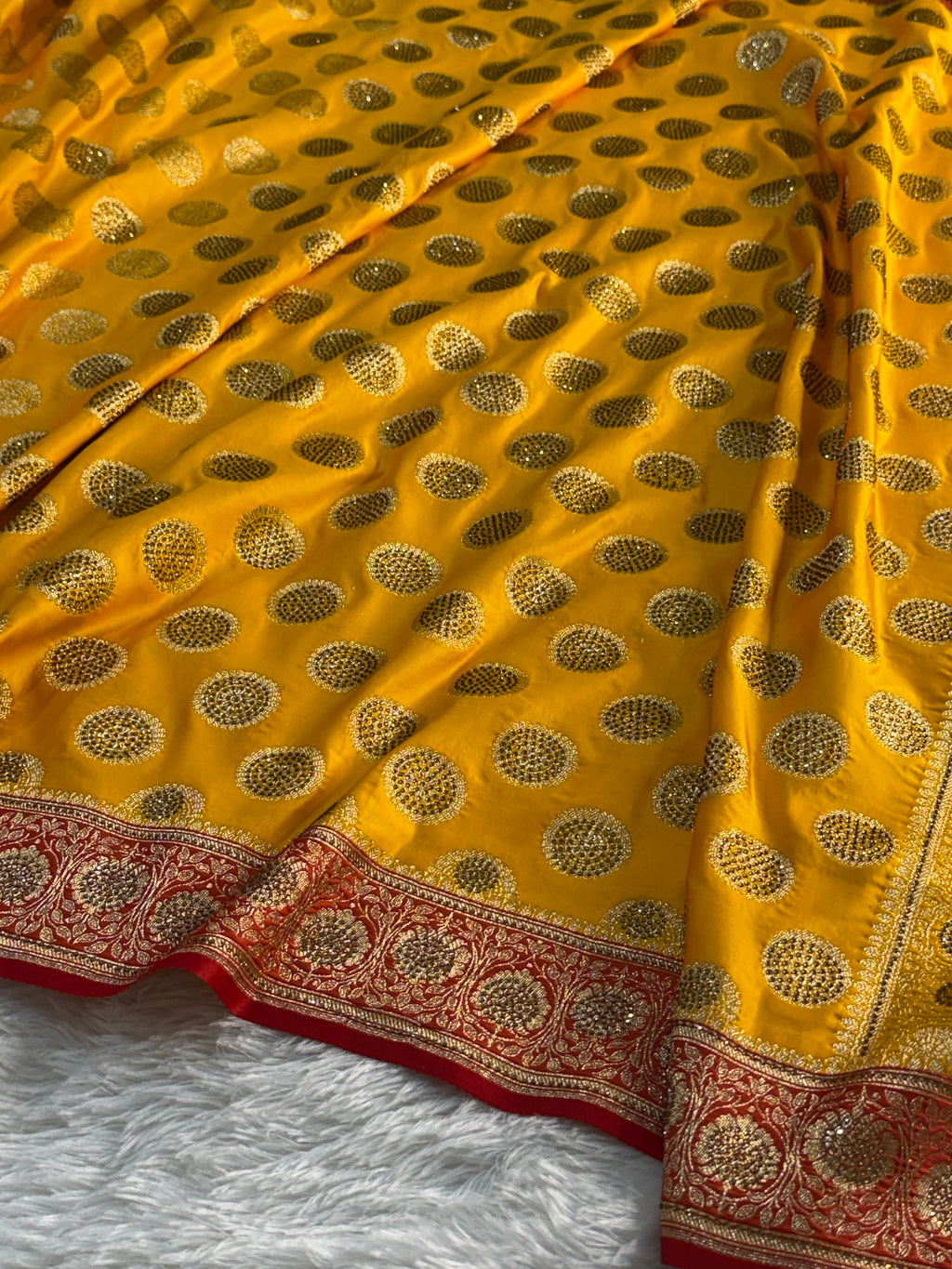 Bridal Mashru Silk Saree with Swaroski Gola work in all over in contrast colour
