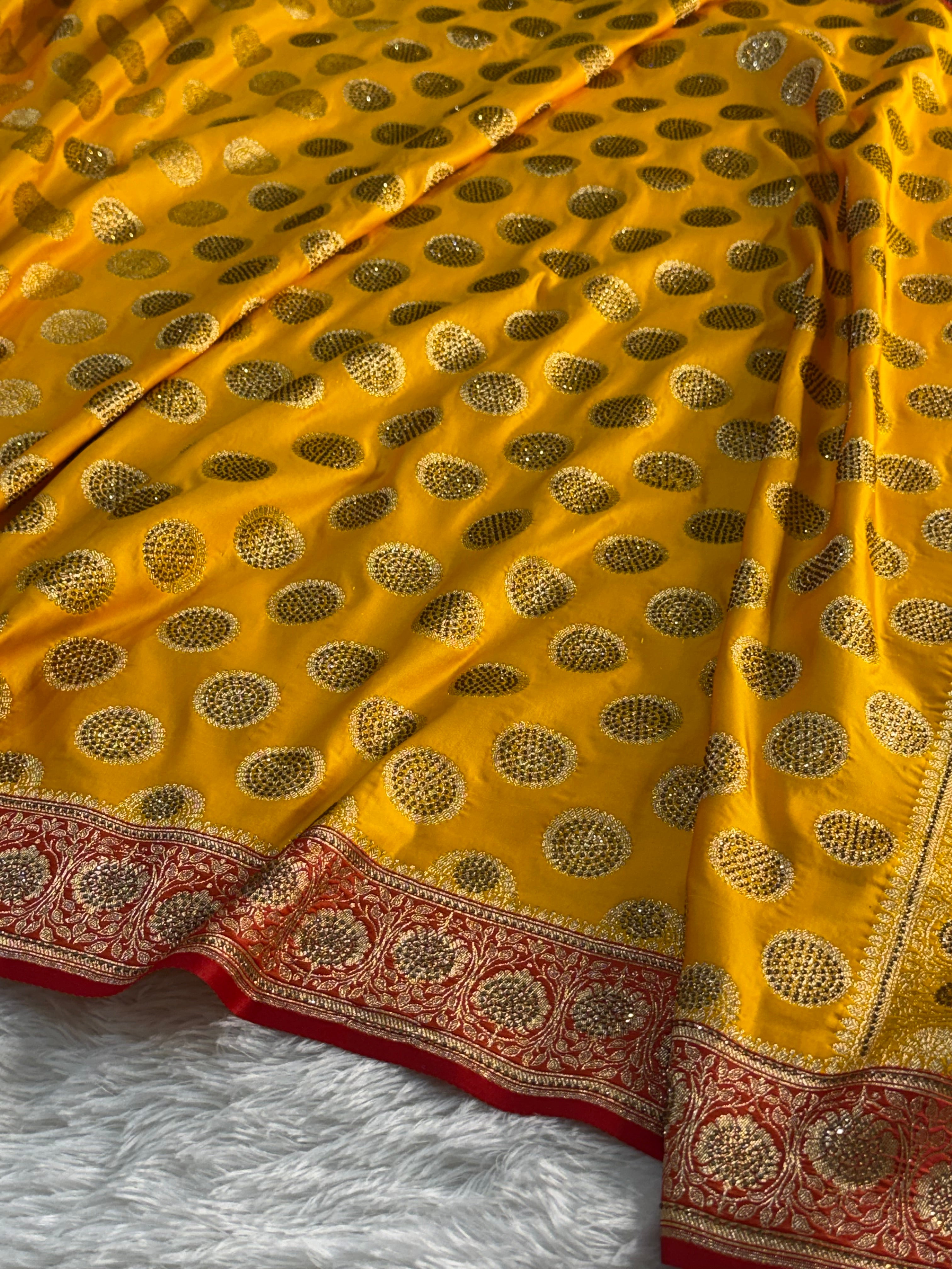 Bridal Mashru Silk Saree with Swaroski Gola work in all over in contrast colour