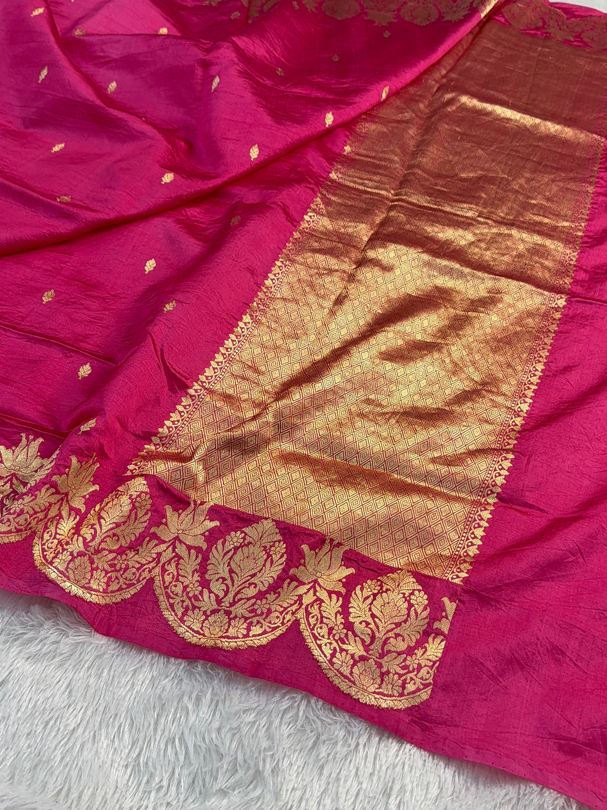 Banarasi Raw Mango Silk Saree in Border and Buti Design in Gold Zari work in Dusty Pink
