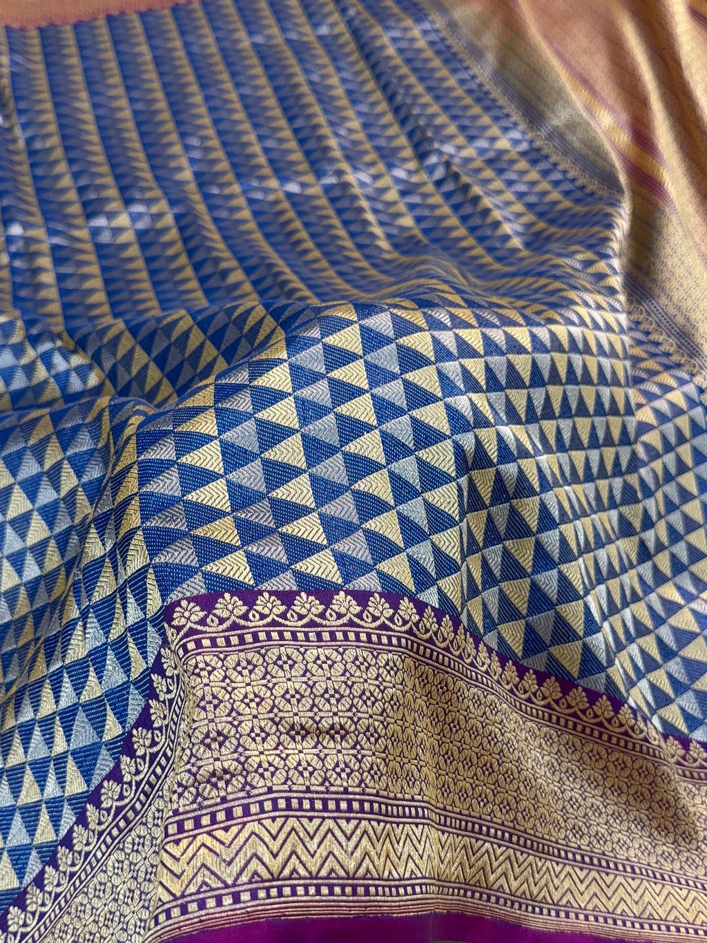 Handwoven Pure Katan Silk Saree With Silver and Gold Zari Brocade Weaving In Temple Jaal Design Pattern In Combination Of Light Blue And Navy Shade