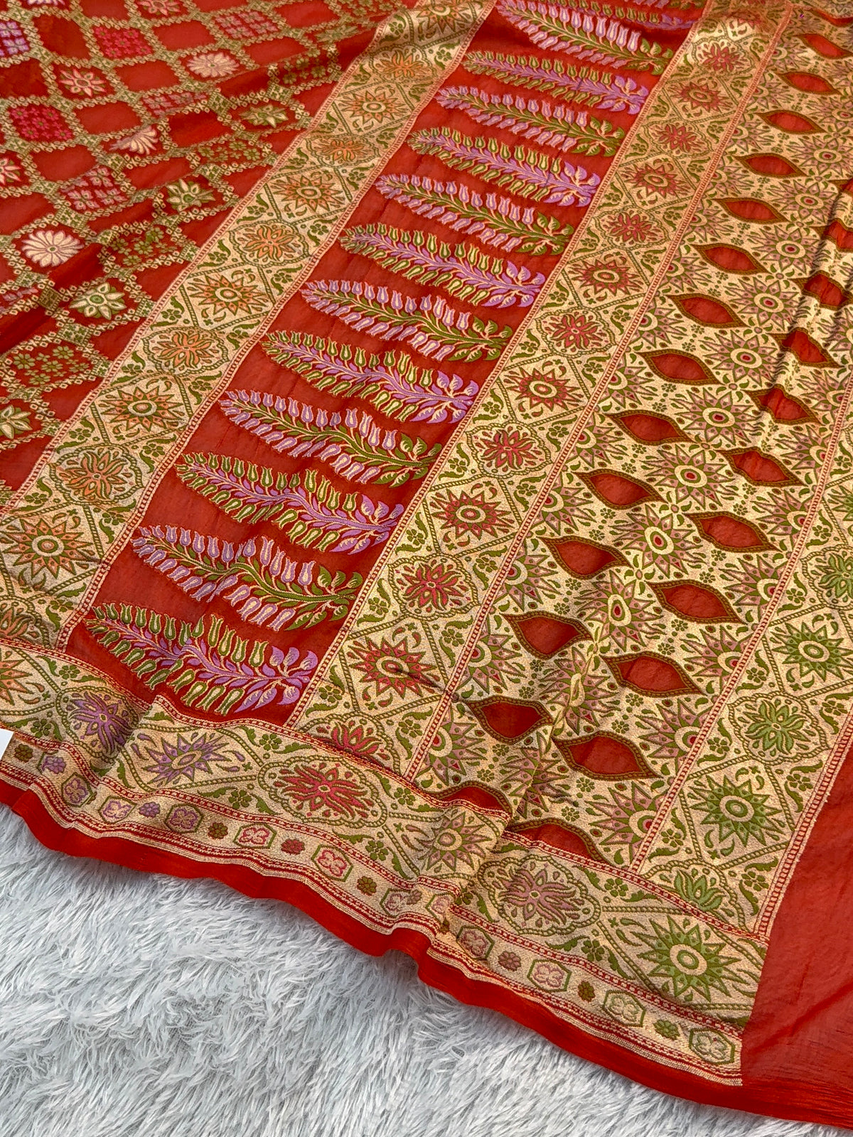 Banarasi Pure Khaddi Chiffon Saree with Meenakari Geometrical Jaal Design in Orange Colour