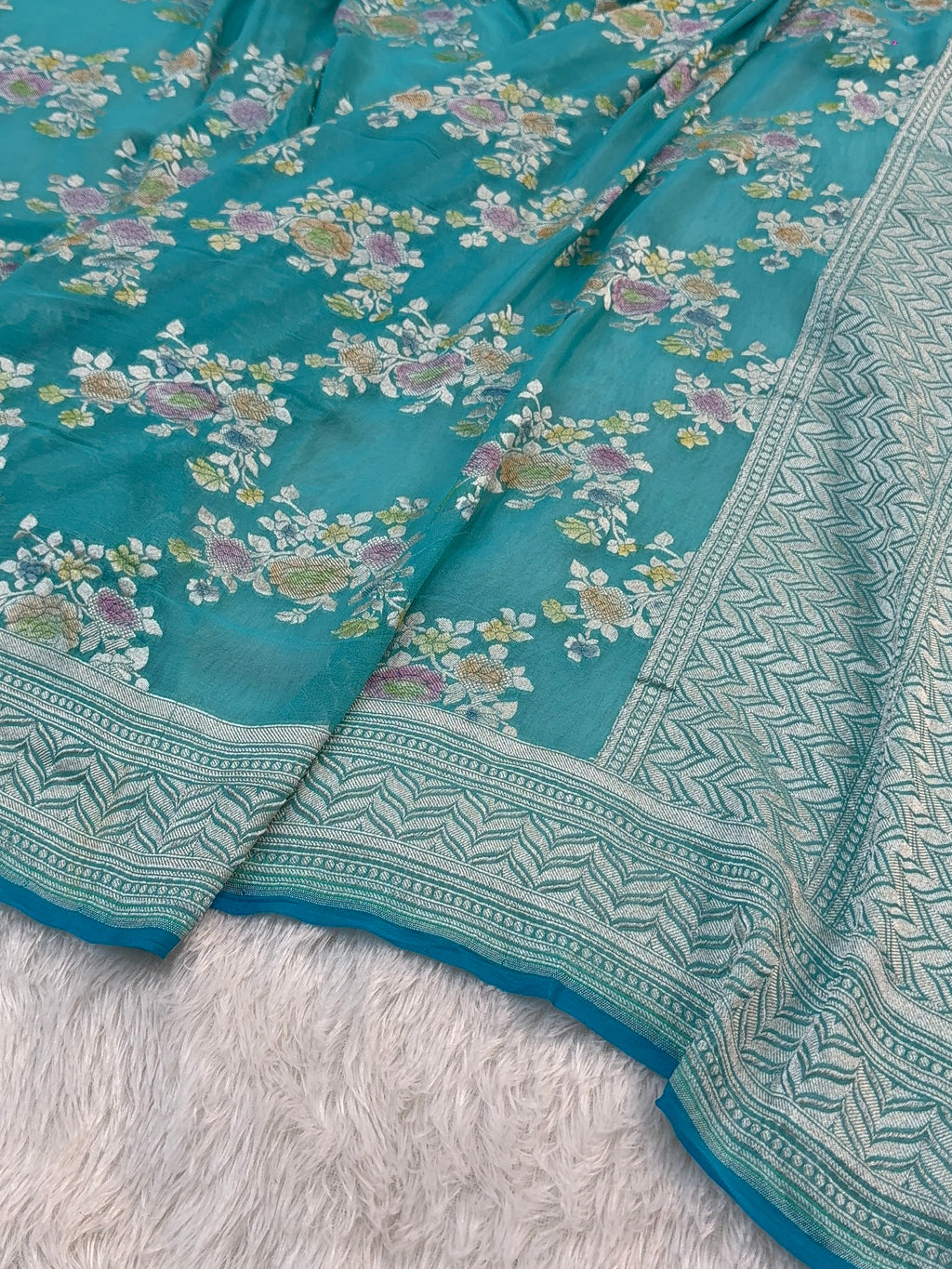 Banarasi Pure Khaddi Chiffon Saree  with Silver Zari Work In Floral Jaal Design with Meenakari by handbrush in Sea Green Colour