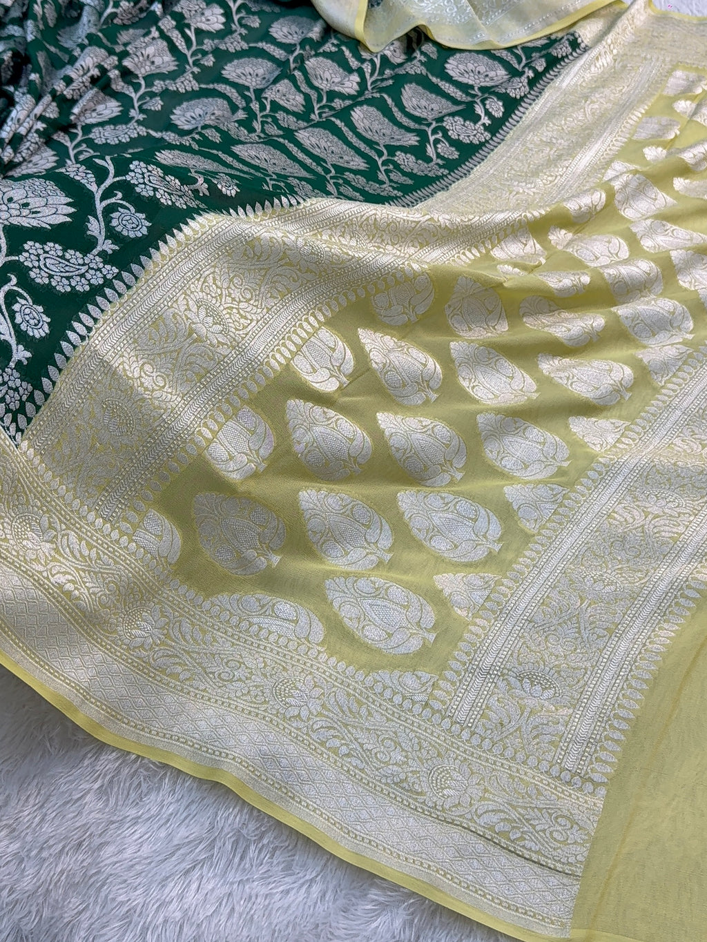Banarasi Pure Khaddi Chiffon Saree  with Silver Zari Work In Floral Jaal Design in Dark Green and Light Lemon Colour Combination