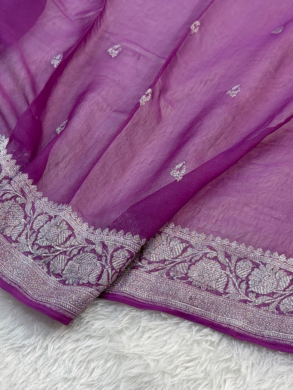 Banarasi Pure Khaddi Chiffon Saree  in Silver Zari with Small Interlocked Motifs Design in Royal Purple Colour