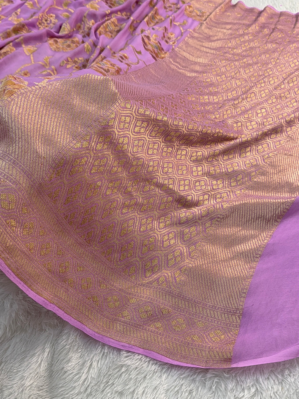 Banarasi Pure Khaddi Chiffon Saree  with Light Gold Zari Work In Floral Jaal Design with Meenakari by handbrush in Rusty Lavender Colour