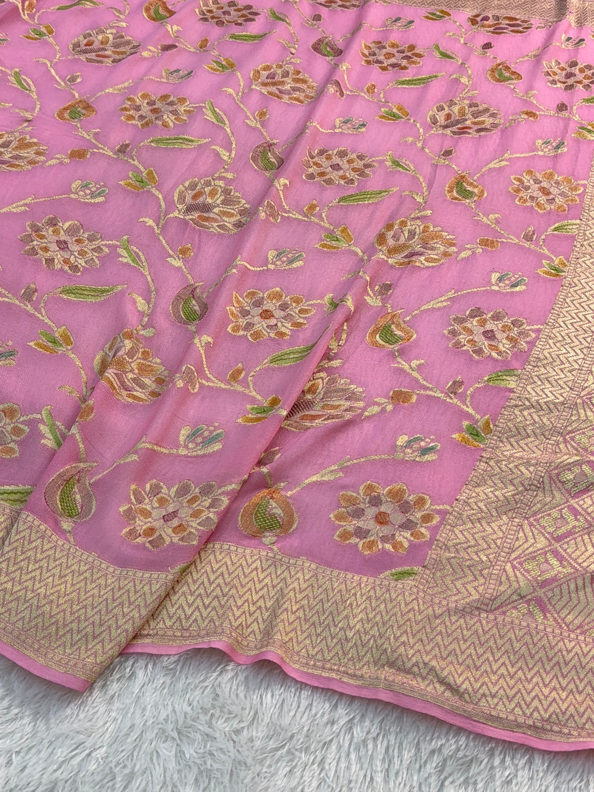 Banarasi Pure Khaddi Chiffon Saree  with Light Gold Zari Work In Floral Jaal Design with Meenakari by handbrush in Light Pink Colour