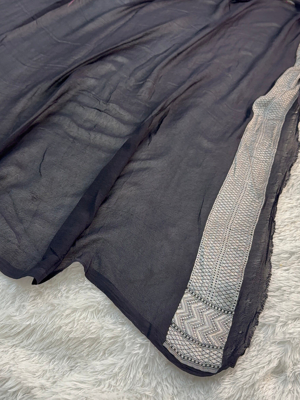 Banarasi Pure Khaddi Chiffon Saree  with Silver Zari Work In Horizontal stripes pattern Design with Meenakari by hand brush in Black Colour