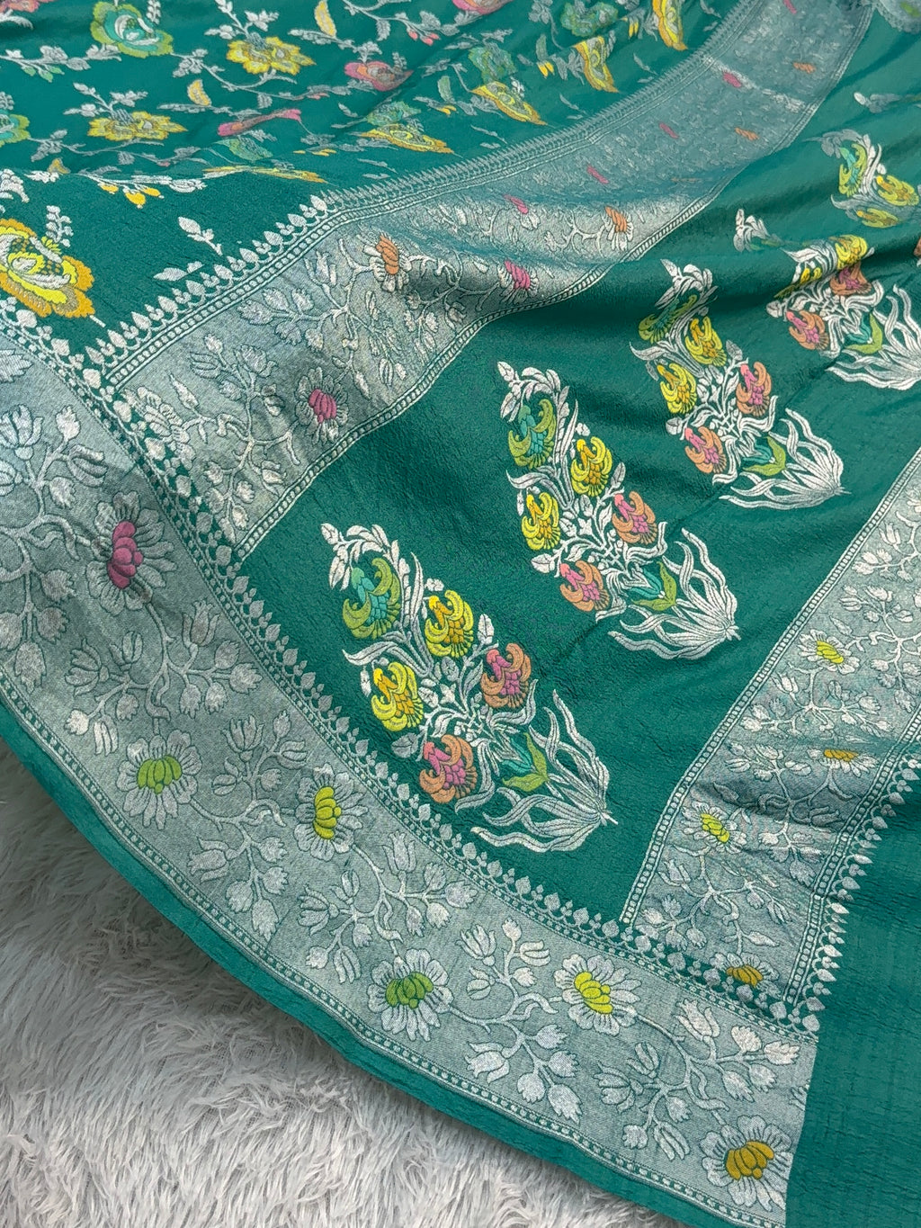 Pure Desi Tussar Silk Saree with Meenakari Floral Jaal Pattern in Sea Green Colour