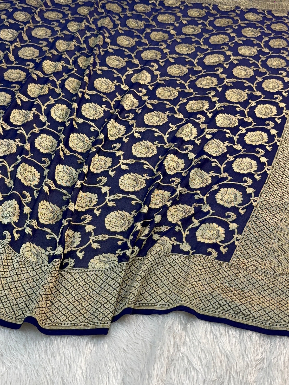 Banarasi Pure Khaddi Chiffon Saree with Light Gold Zari Work with Floral Jaal Design In Navy Blue Colour