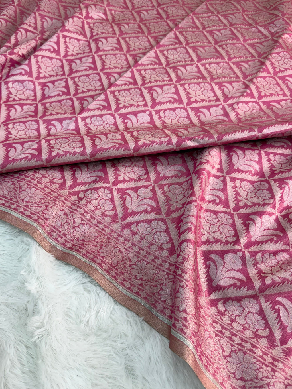 Banarasi tissue silk saree in Rani color