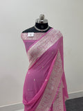 Banarasi Pure Khaddi Chiffon Saree  in Silver Zari with Small Interlocked Motifs Design in Pink Colour