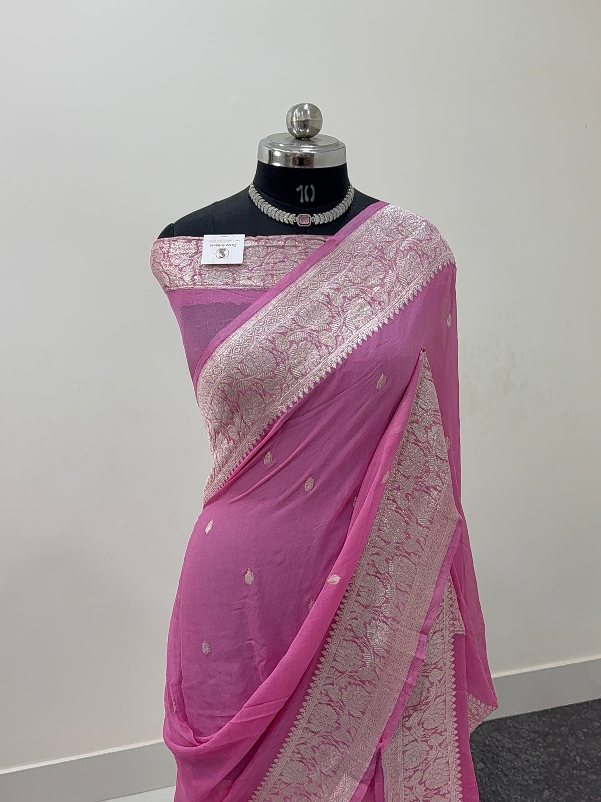 Banarasi Pure Khaddi Chiffon Saree  in Silver Zari with Small Interlocked Motifs Design in Pink Colour