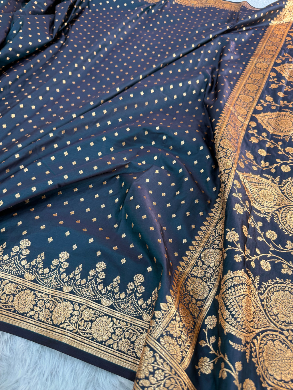 Mashru katan Silk Saree With Buti Design In peacock Colour