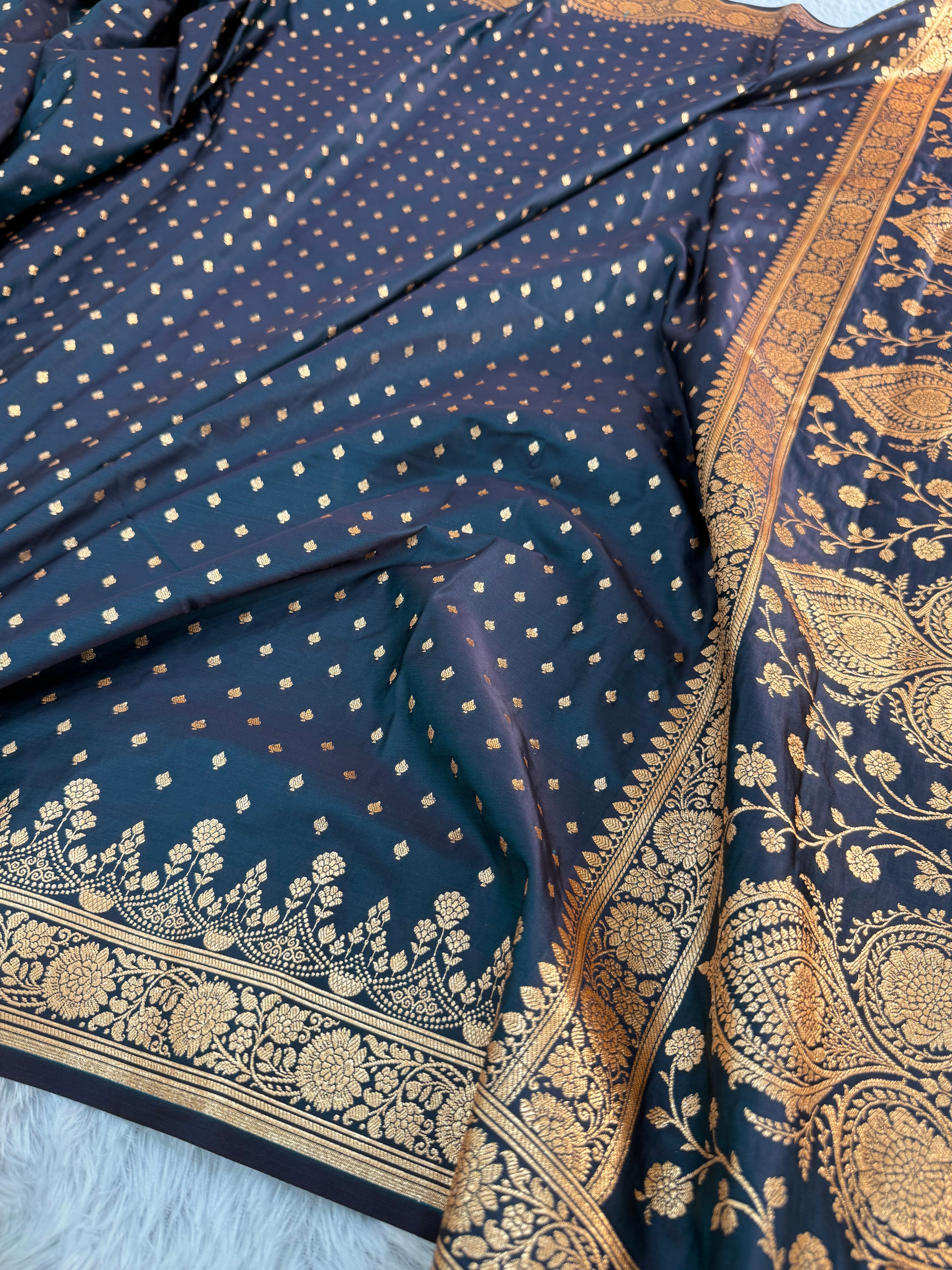 Mashru katan Silk Saree With Buti Design In peacock Colour
