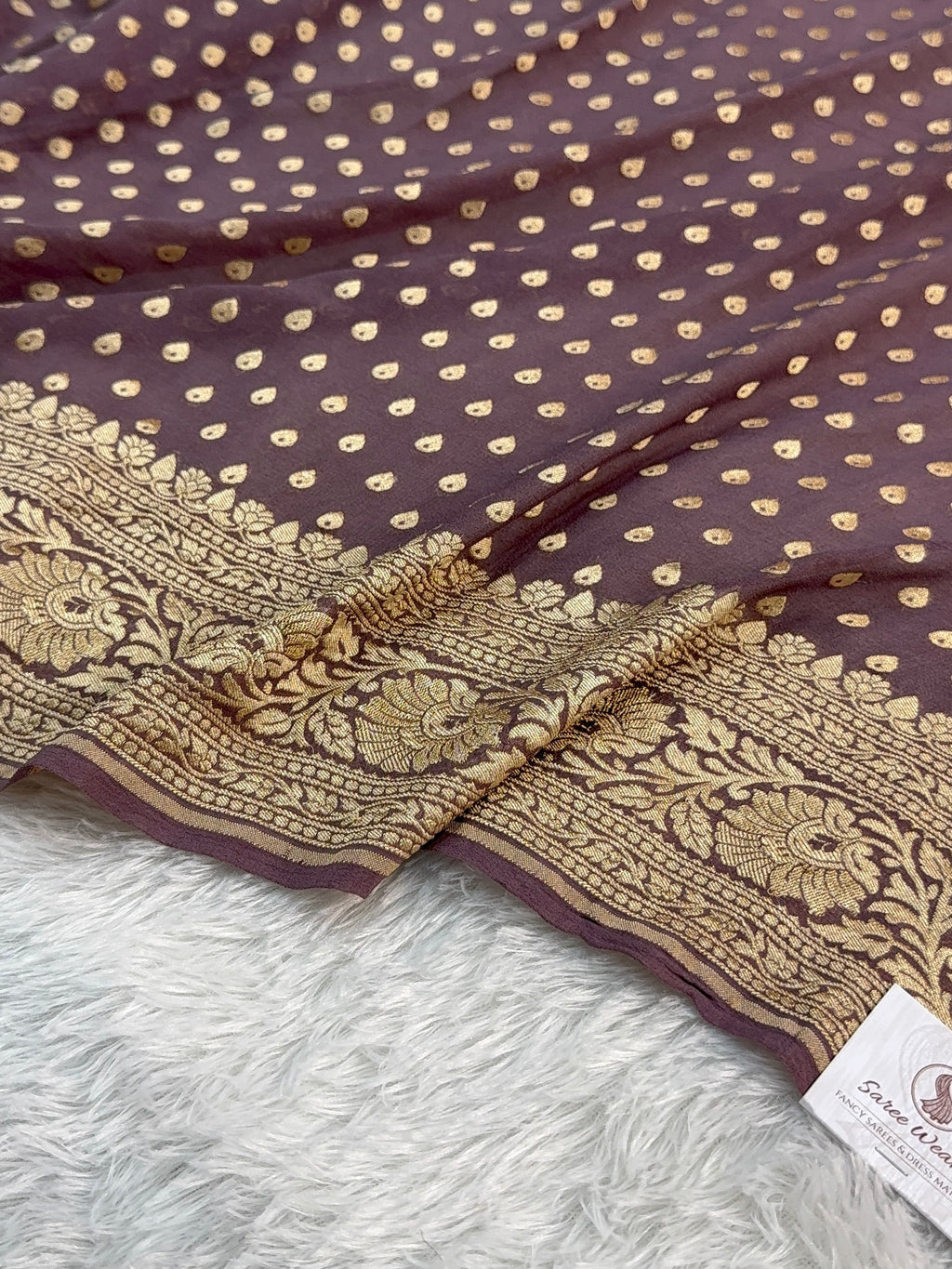 Banarasi Pure Khaddi Chiffon Saree in Border and Buti Design in Deep Purple Colour