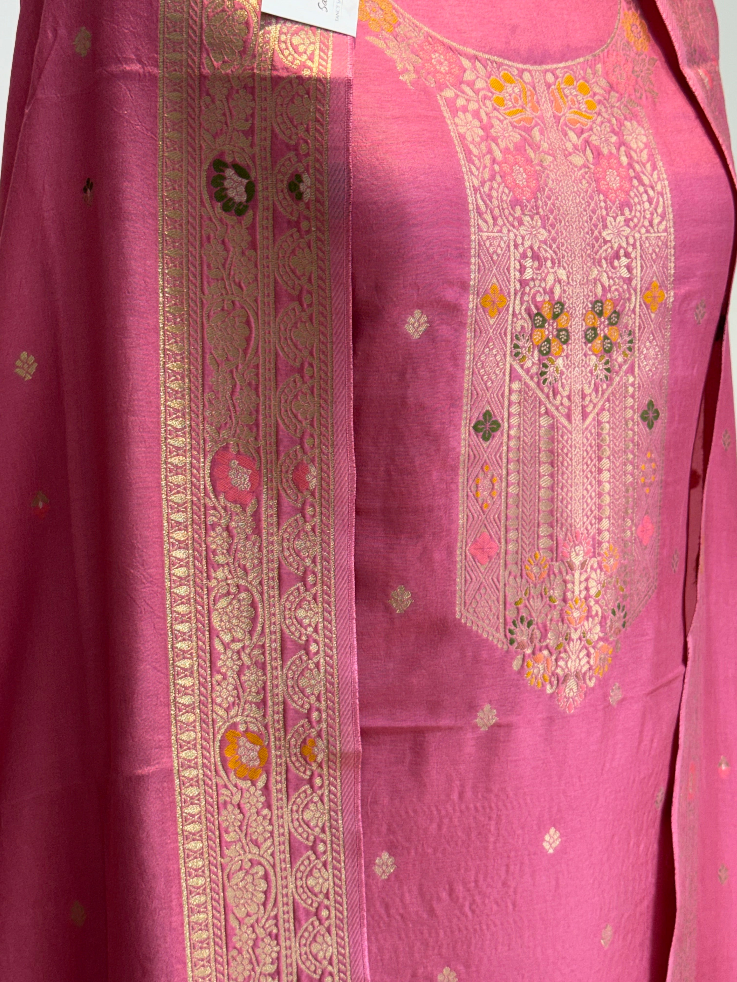 Pure Viscose Meenakari 3 piece Suit with Zari Work with Heavy Dupatta in Rusty pink color